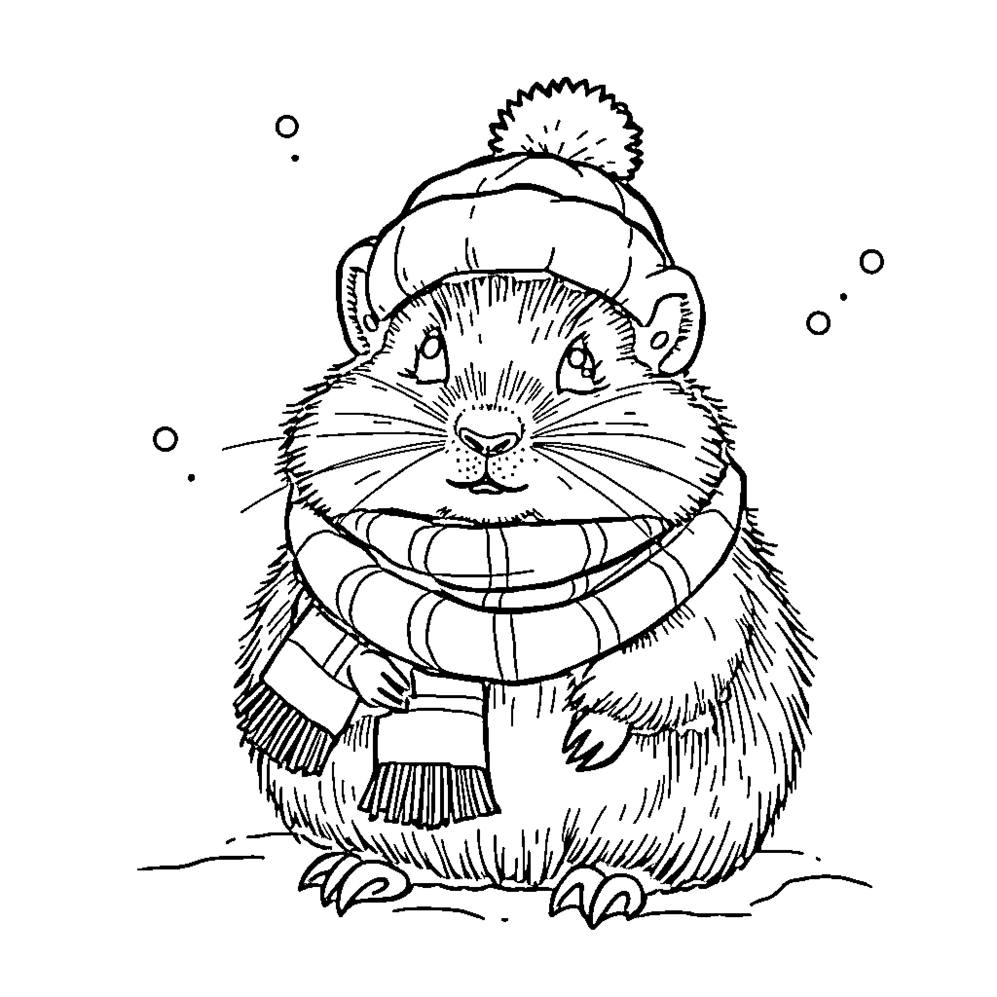 Gopher wearing cozy winter outfit Coloring Page (free black-and-white line drawing printable PDF for all, from beginners to advanced learners, including children, teens, adults, and seniors)