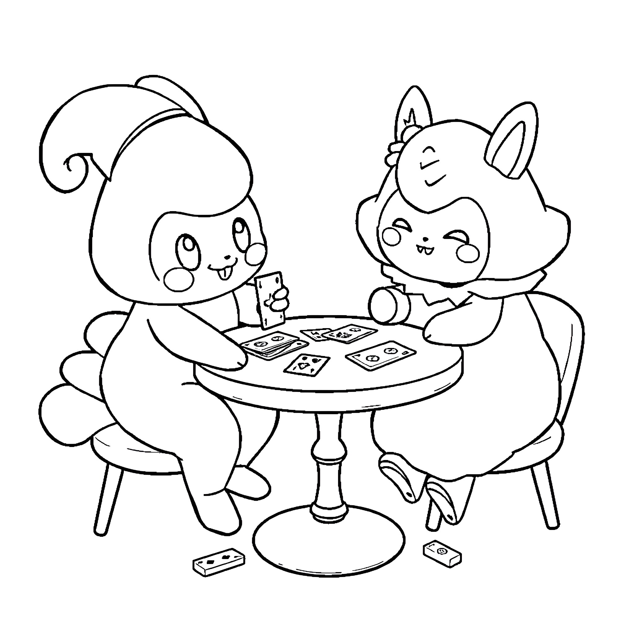 Cinnamonroll playing card games with friend Coloring Page (free black-and-white line drawing printable PDF for all, from beginners to advanced learners, including children, teens, adults, and seniors)