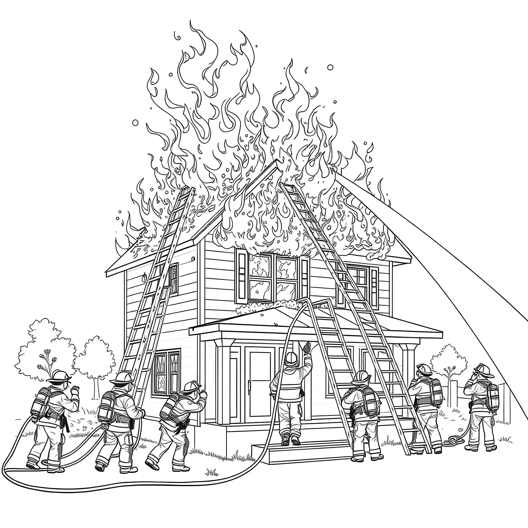 Firefighters battling a blaze at a burning house Coloring Page (free black-and-white line drawing printable PDF for all, from beginners to advanced learners, including children, teens, adults, and seniors)