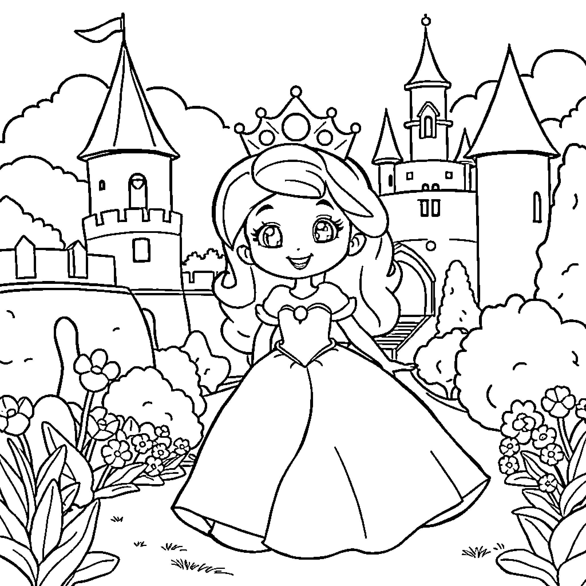 Princess exploring the magical castle gardens Coloring Page (free black-and-white line drawing printable PDF for all, from beginners to advanced learners, including children, teens, adults, and seniors)