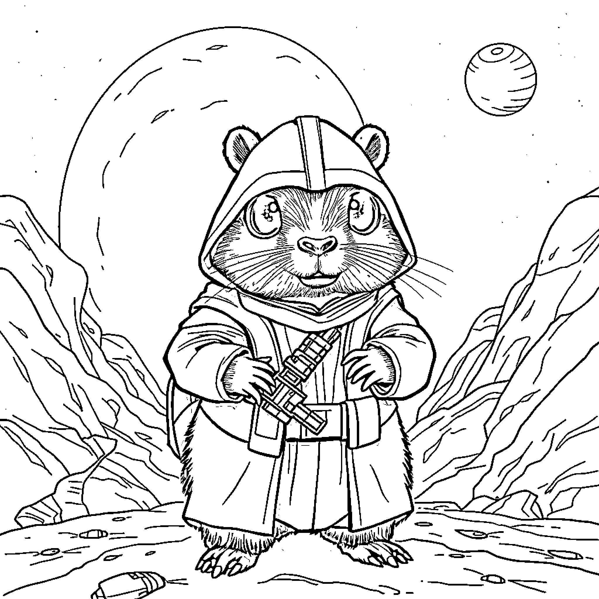 Capybara in Jedi-like robes on a distant planet Coloring Page (free black-and-white line drawing printable PDF for all, from beginners to advanced learners, including children, teens, adults, and seniors)