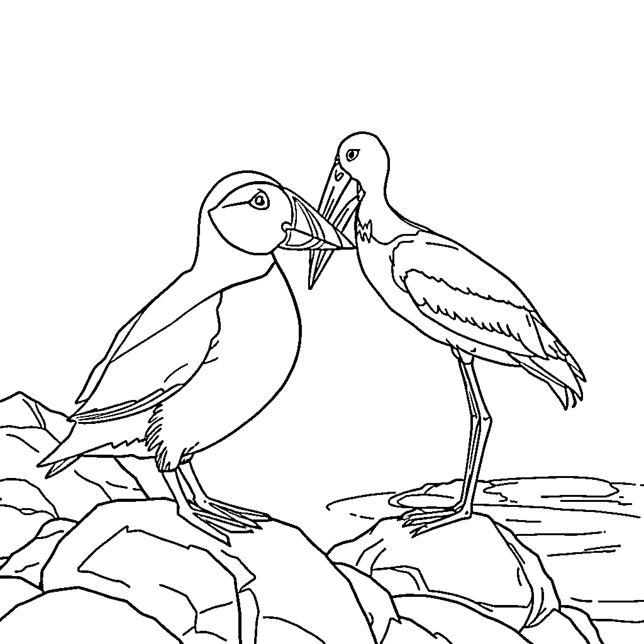 Puffins resting on cliff Coloring Page (free black-and-white line drawing printable PDF for all, from beginners to advanced learners, including children, teens, adults, and seniors)