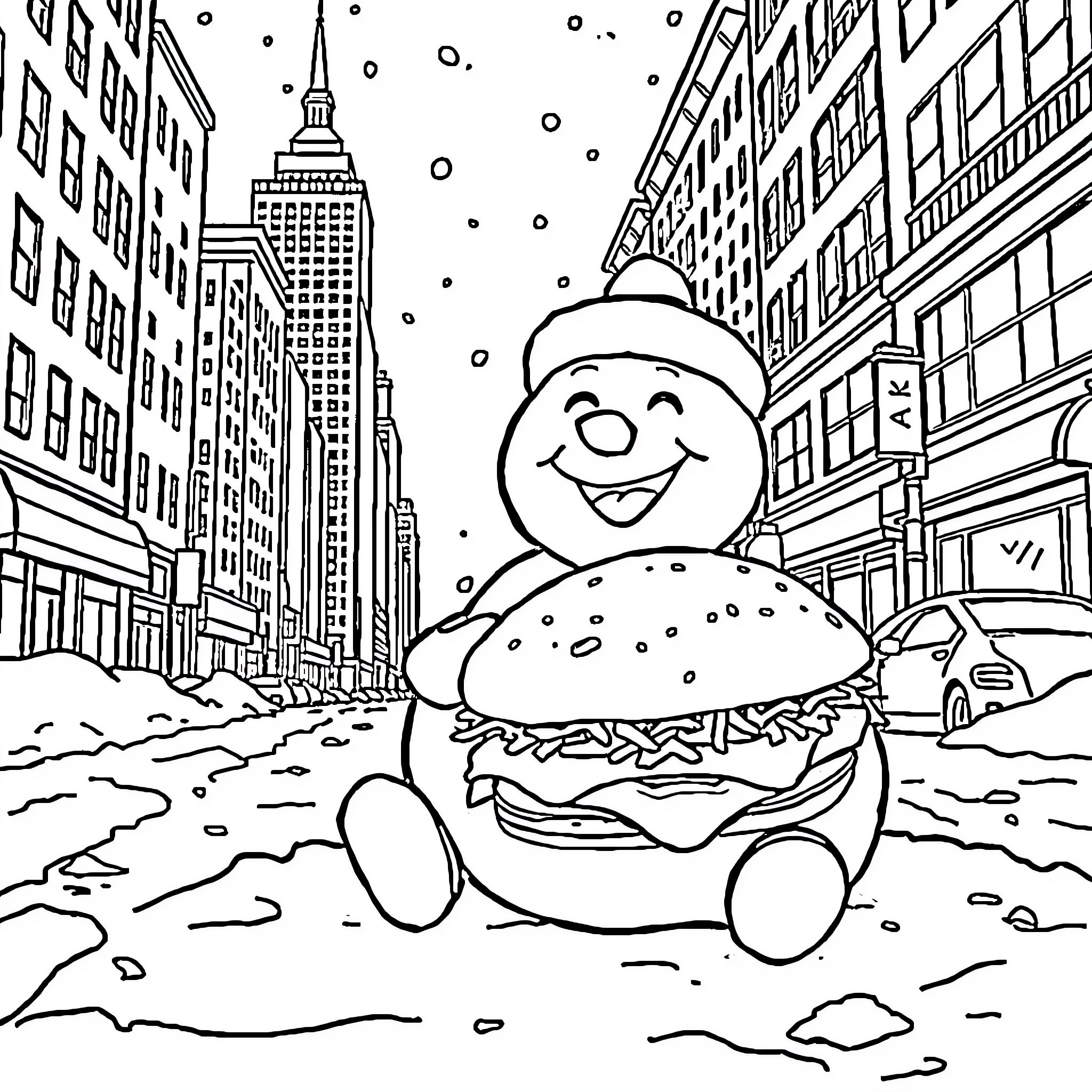 Snowman Enjoying a Snowy City Adventure Coloring Page (free black-and-white line drawing printable PDF for all, from beginners to advanced learners, including children, teens, adults, and seniors)
