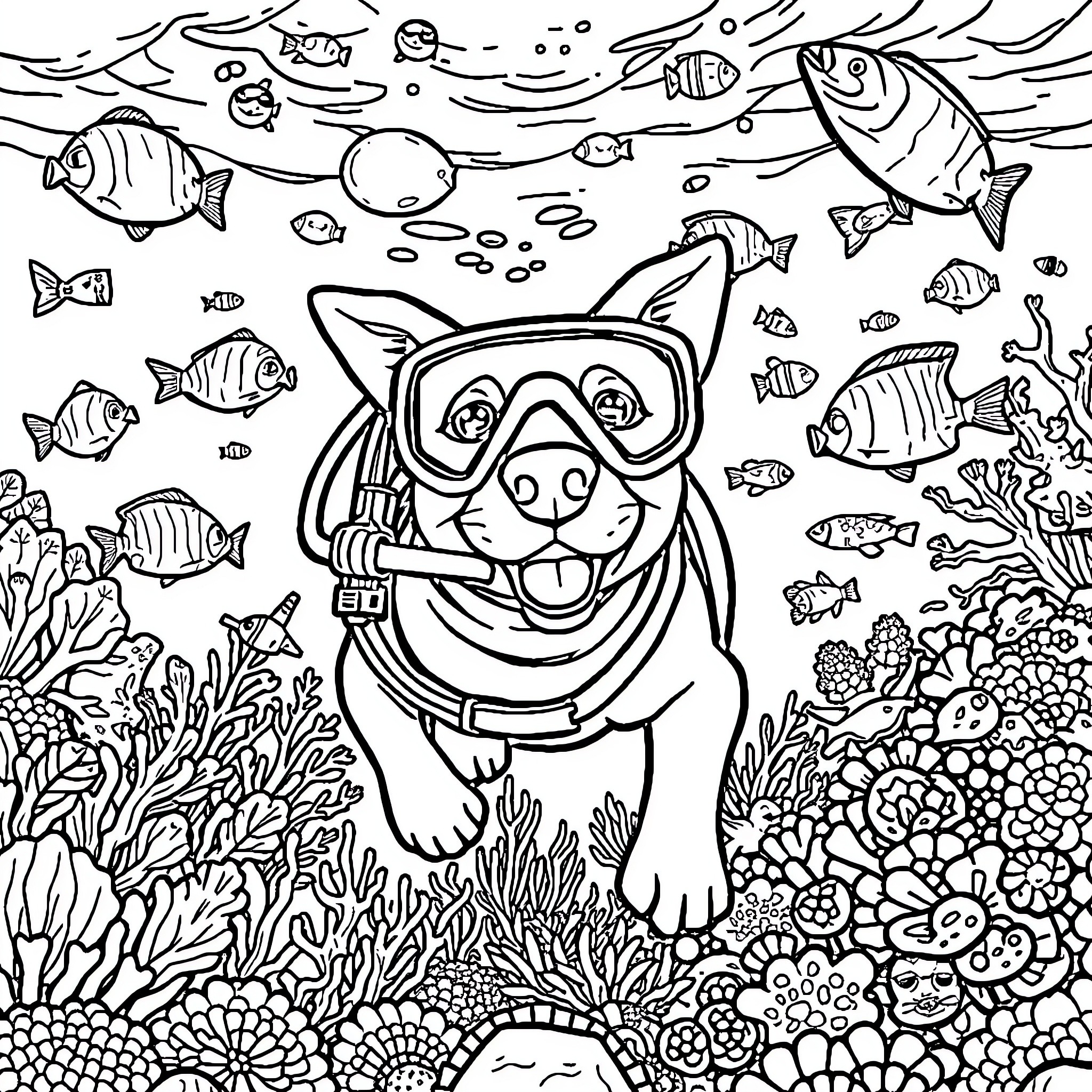 Dog exploring the underwater world of coral reef Coloring Page (free black-and-white line drawing printable PDF for all, from beginners to advanced learners, including children, teens, adults, and seniors)