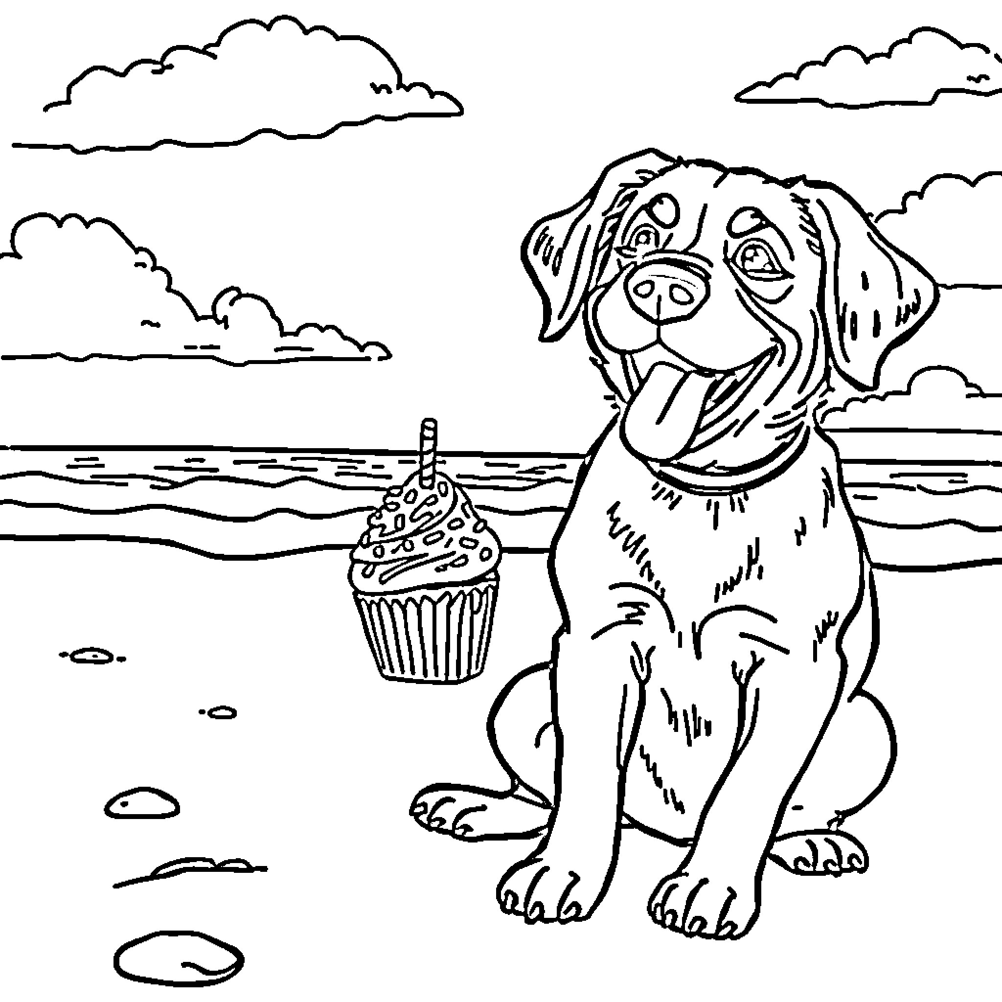 Dog enjoying a beach scene with a cupcake Coloring Page (free black-and-white line drawing printable PDF for all, from beginners to advanced learners, including children, teens, adults, and seniors)