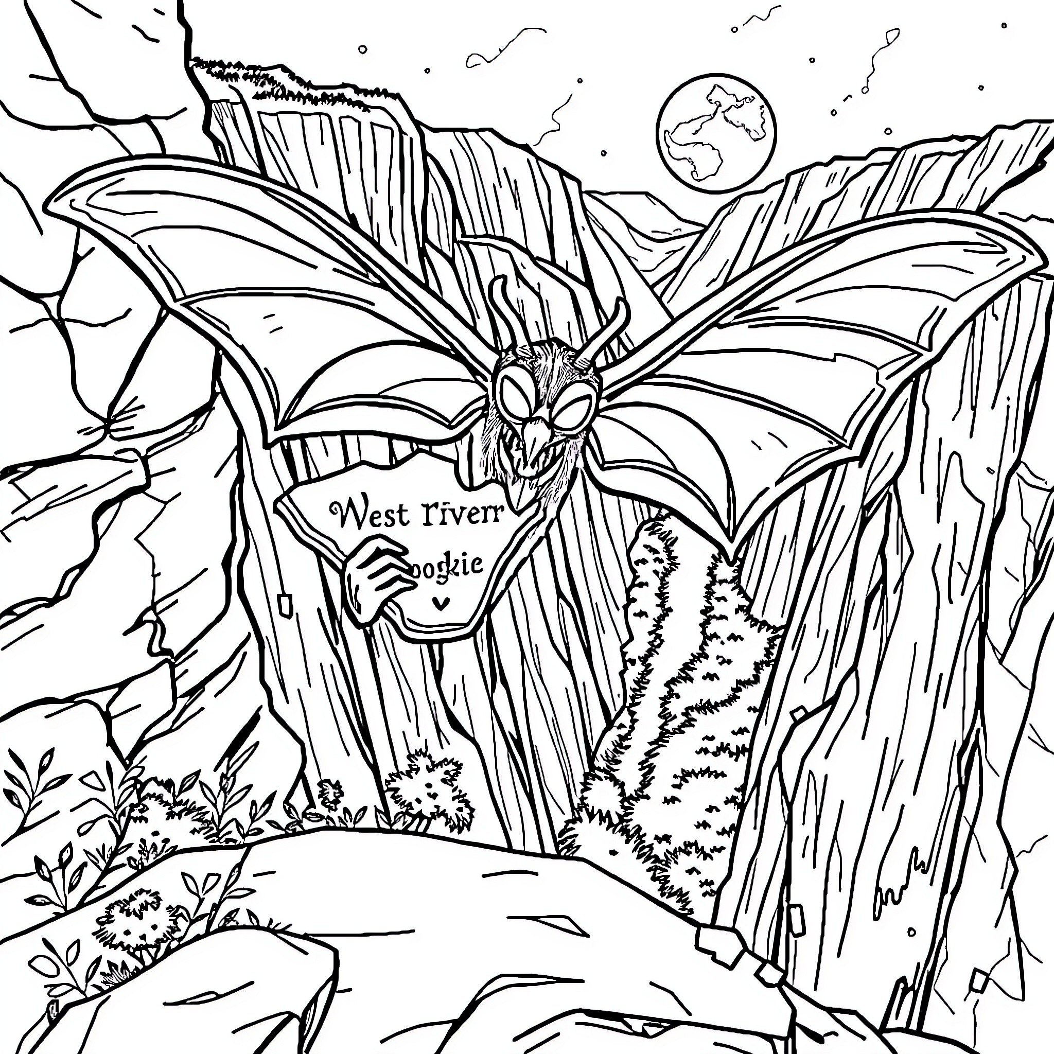 Mothman emerging from the forest with mysterious earth Coloring Page (free black-and-white line drawing printable PDF for all, from beginners to advanced learners, including children, teens, adults, and seniors)