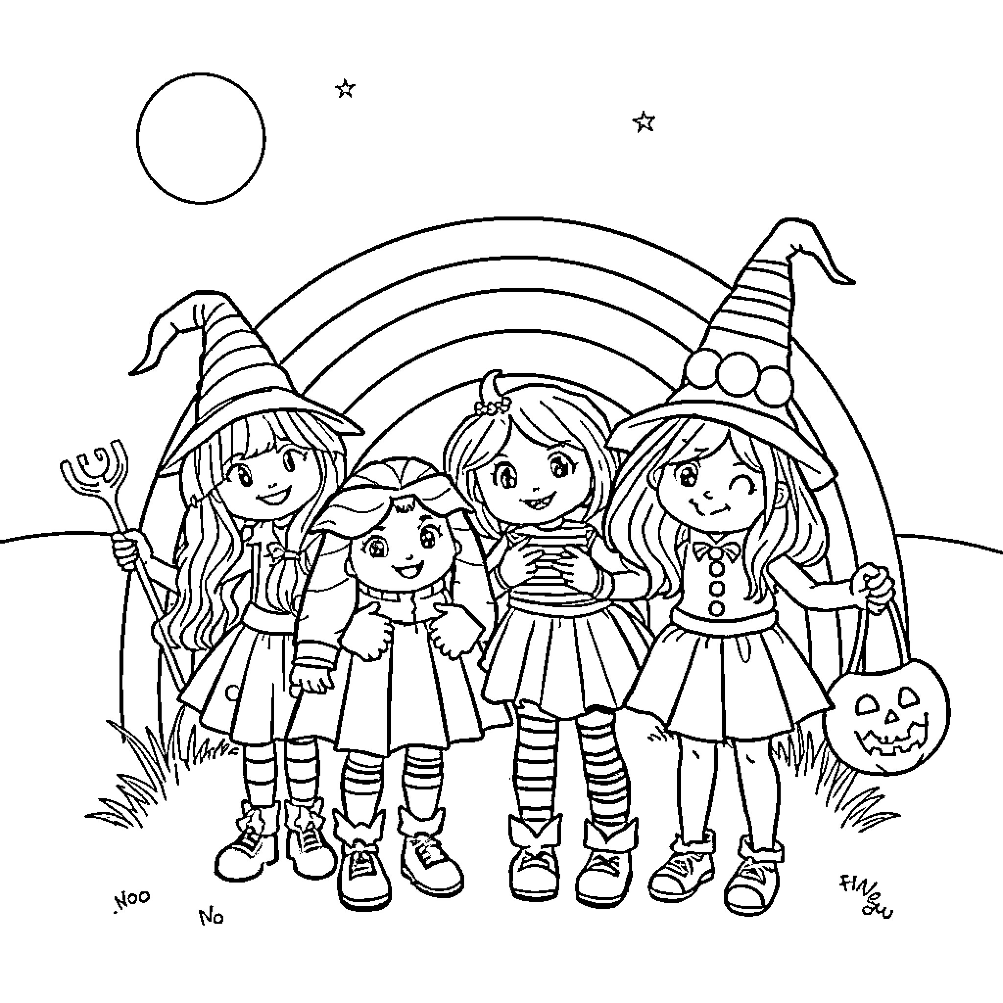 Rainbow Friend Trick or Treating in Costumes Coloring Page (free black-and-white line drawing printable PDF for all, from beginners to advanced learners, including children, teens, adults, and seniors)