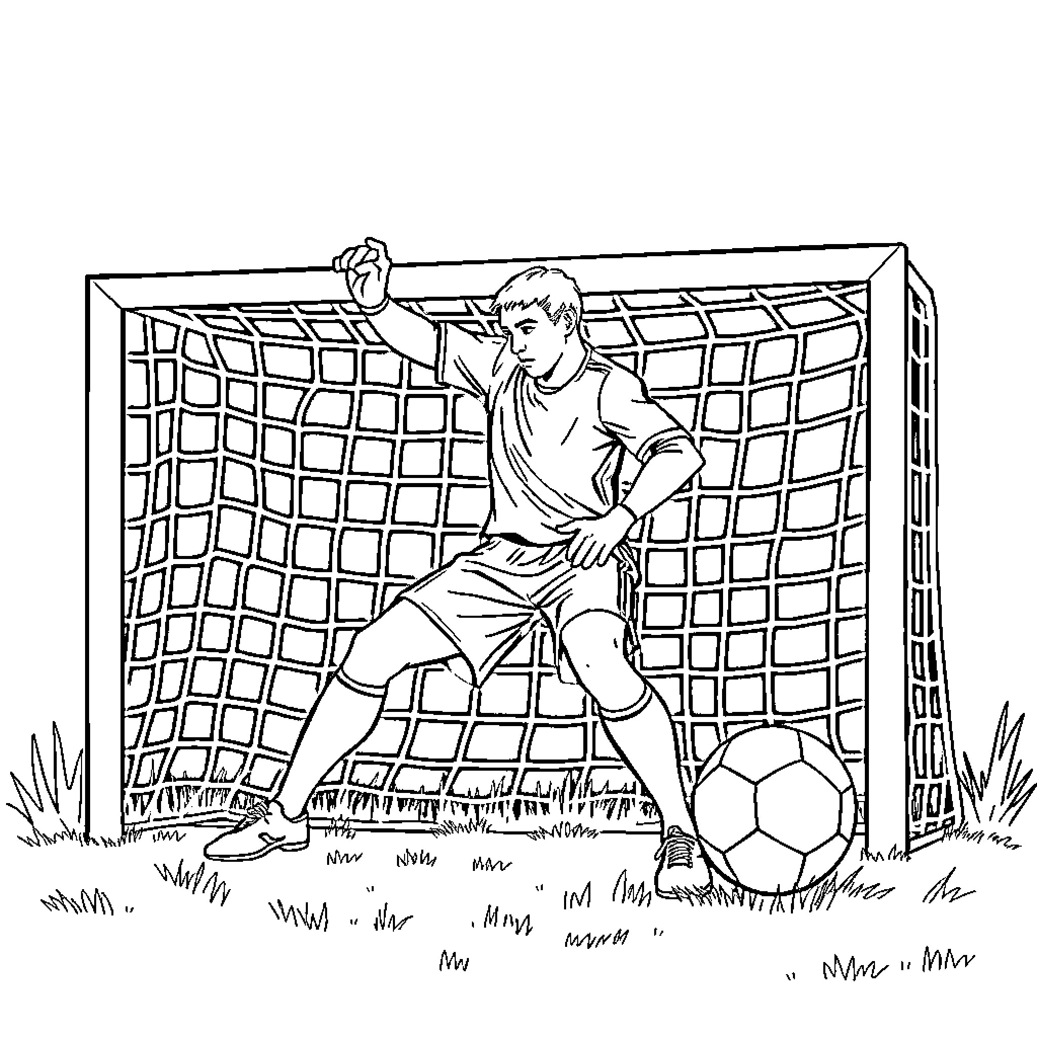 Goalkeeper protecting the goal with determination Coloring Page (free black-and-white line drawing printable PDF for all, from beginners to advanced learners, including children, teens, adults, and seniors)