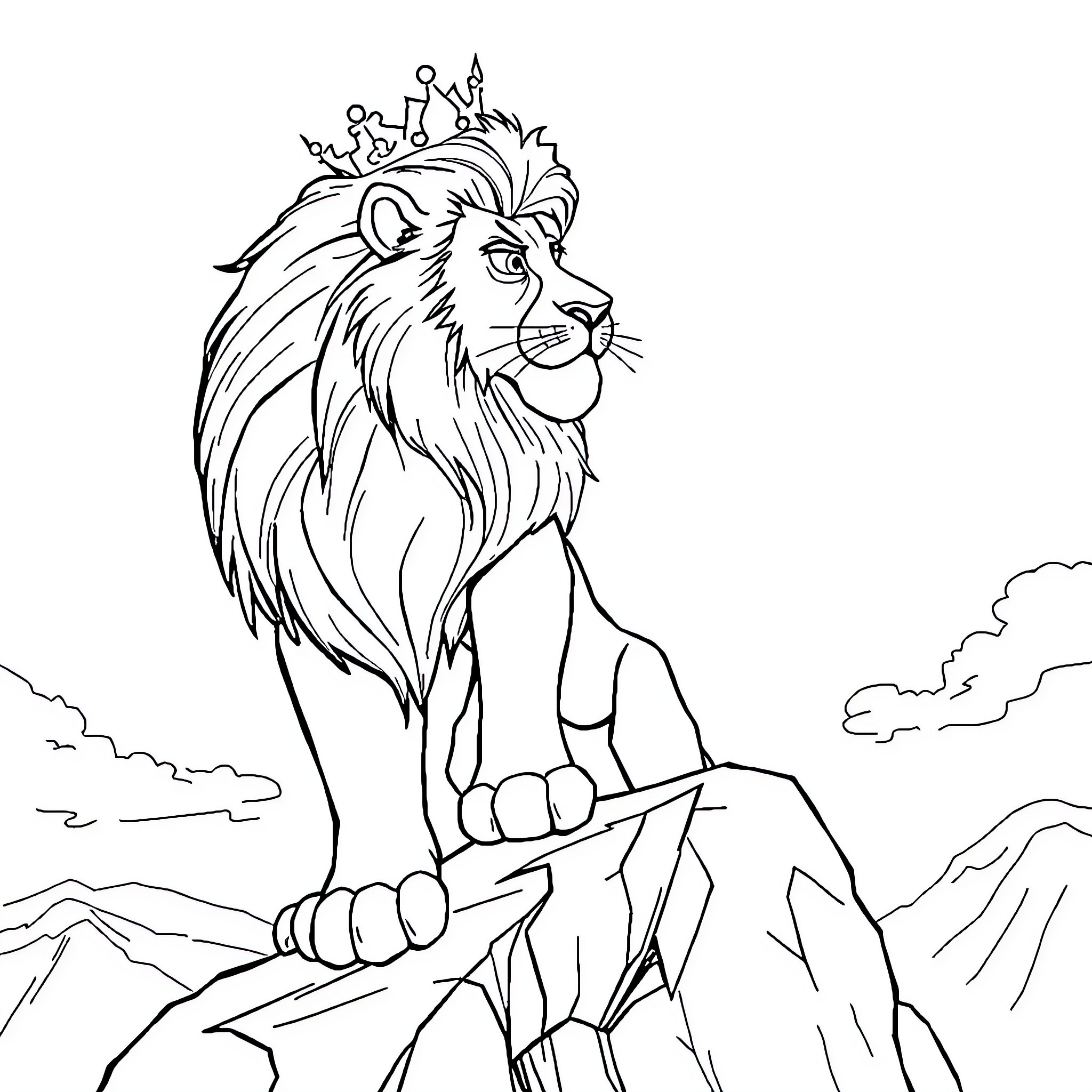 Lion roaring proudly on a rocky cliff Coloring Page (free black-and-white line drawing printable PDF for all, from beginners to advanced learners, including children, teens, adults, and seniors)