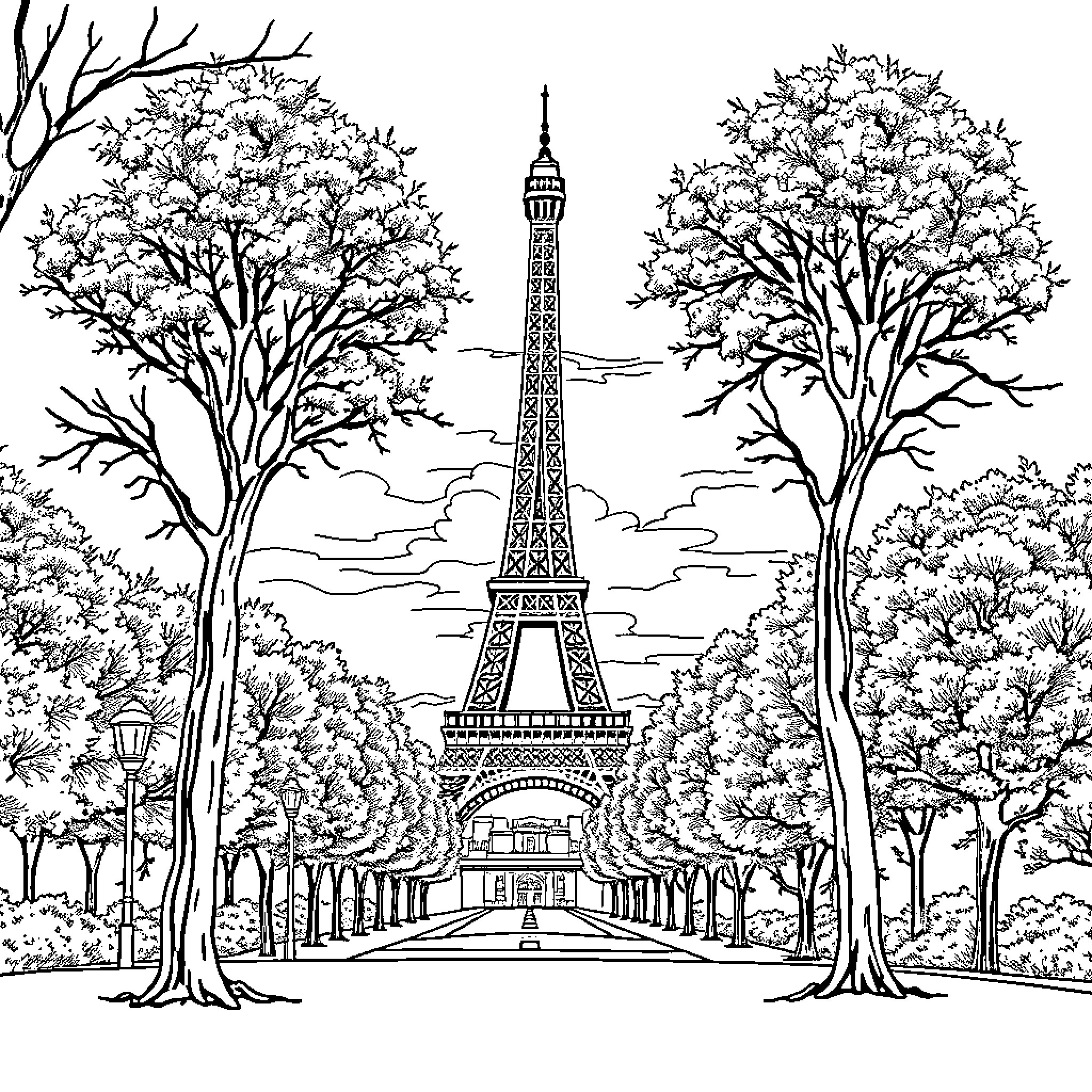 Paris scenic view of Eiffel Tower in spring Coloring Page (free black-and-white line drawing printable PDF for all, from beginners to advanced learners, including children, teens, adults, and seniors)