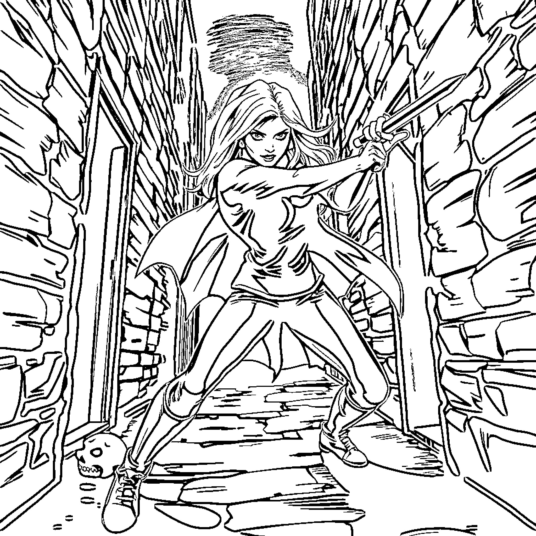 Buffy in Action: Slaying Vampires in the Shadows Coloring Page (free black-and-white line drawing printable PDF for all, from beginners to advanced learners, including children, teens, adults, and seniors)