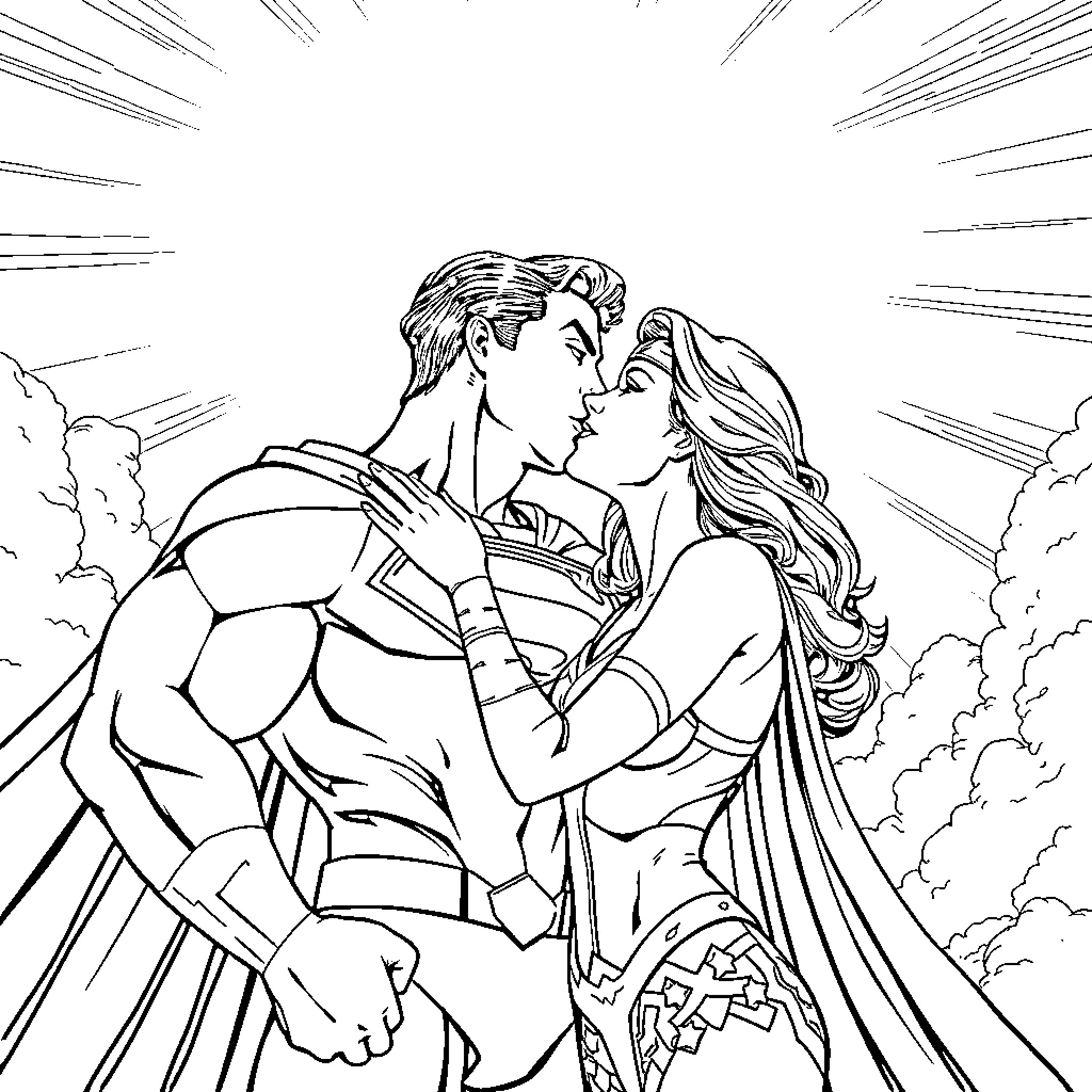 Wonder Woman and Superman embrace in the sky Coloring Page (free black-and-white line drawing printable PDF for all, from beginners to advanced learners, including children, teens, adults, and seniors)