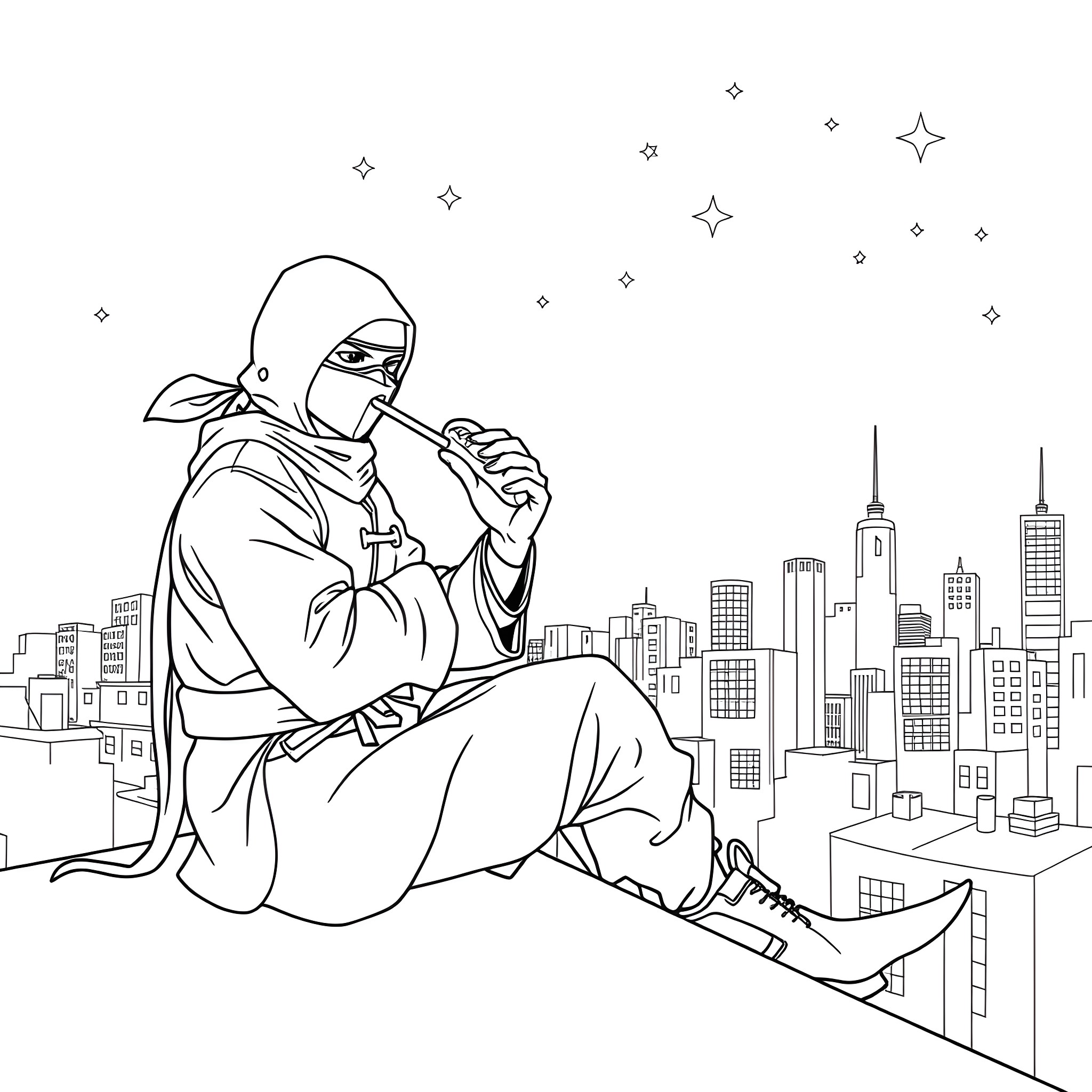 Ninja contemplating the city skyline Coloring Page (free black-and-white line drawing printable PDF for all, from beginners to advanced learners, including children, teens, adults, and seniors)