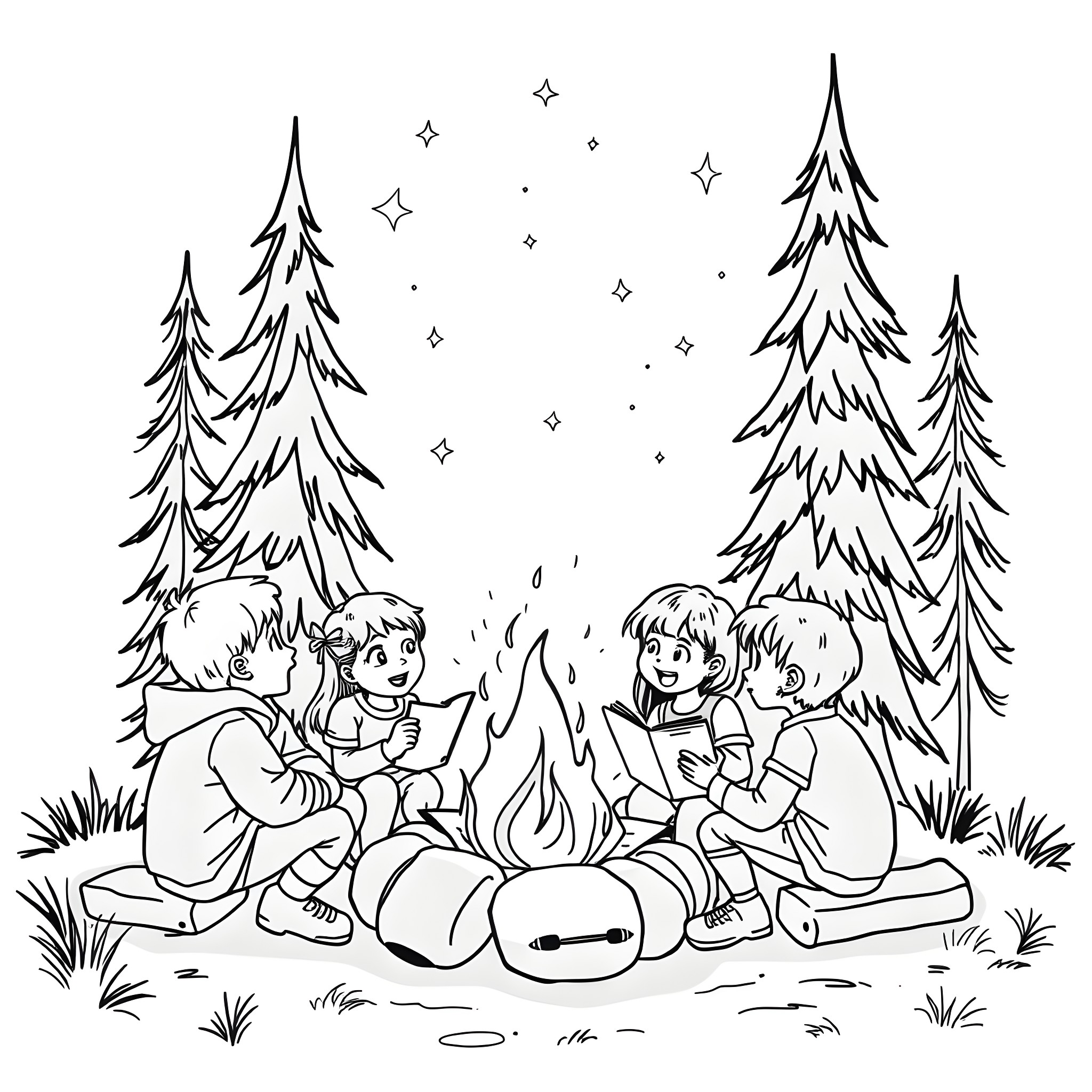 Kid having fun around the campfire in the snowy forest Coloring Page (free black-and-white line drawing printable PDF for all, from beginners to advanced learners, including children, teens, adults, and seniors)