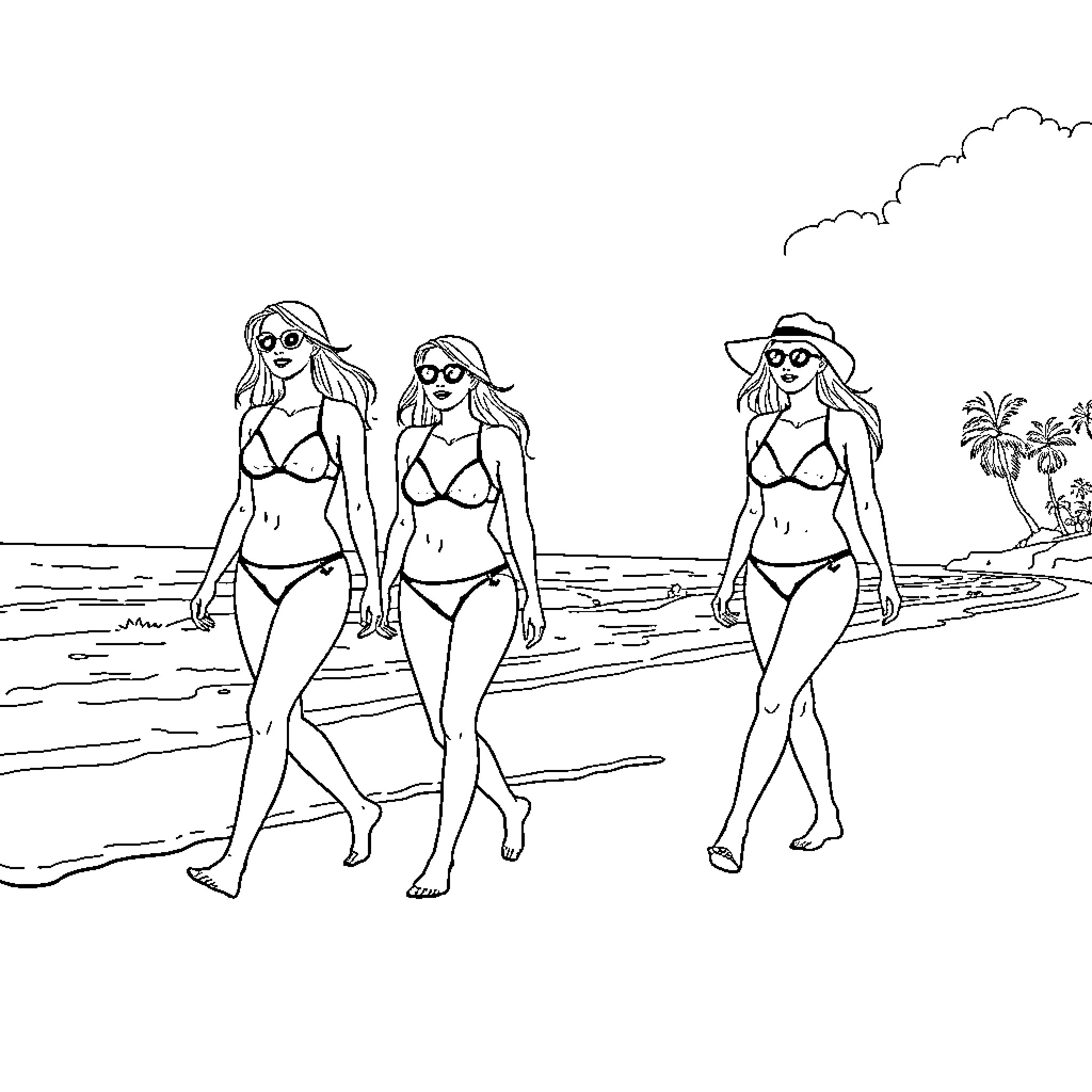 Women enjoying a beach day in stylish swimsuits Coloring Page (free black-and-white line drawing printable PDF for all, from beginners to advanced learners, including children, teens, adults, and seniors)