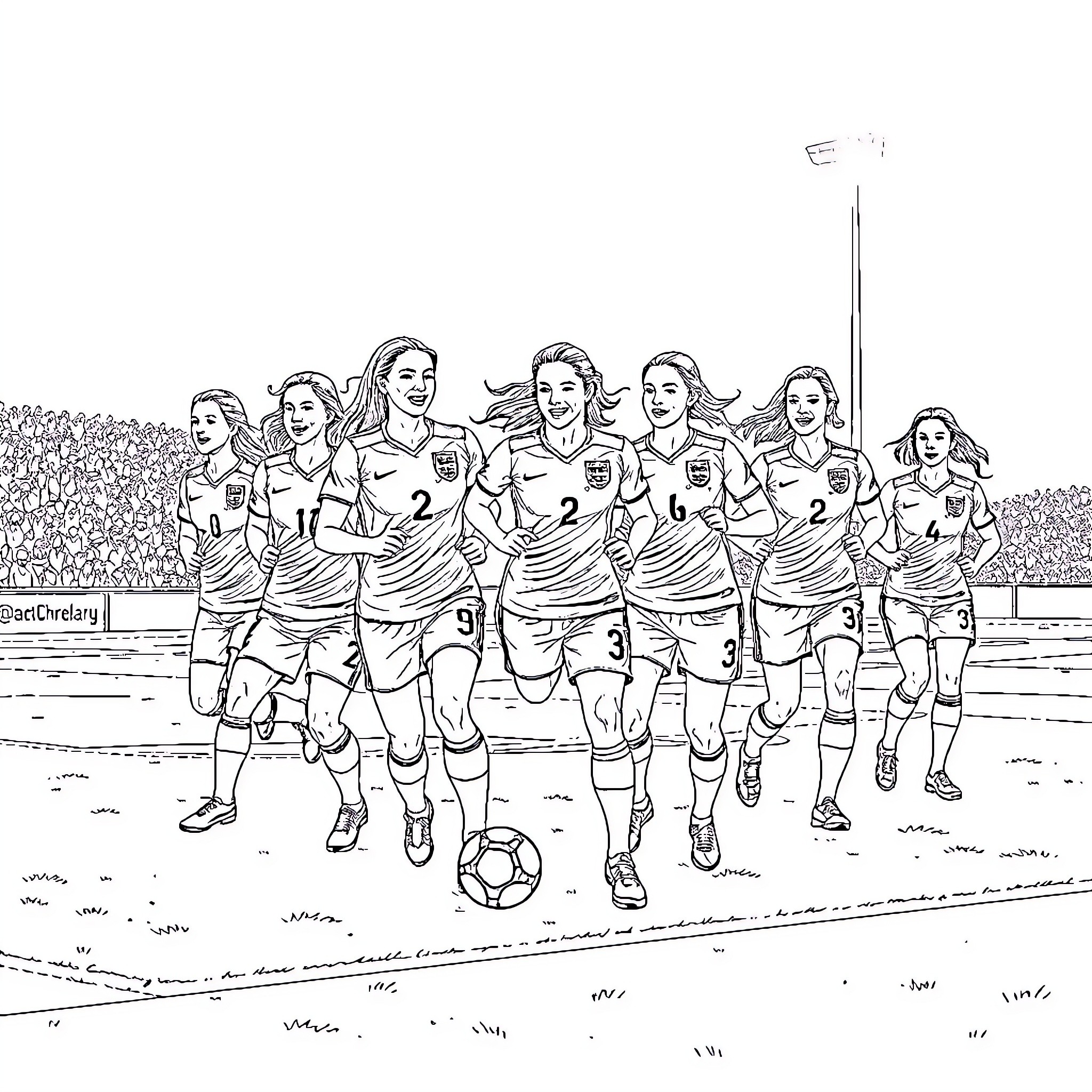 Lioness Soccer Team Running on the Field Coloring Page (free black-and-white line drawing printable PDF for all, from beginners to advanced learners, including children, teens, adults, and seniors)