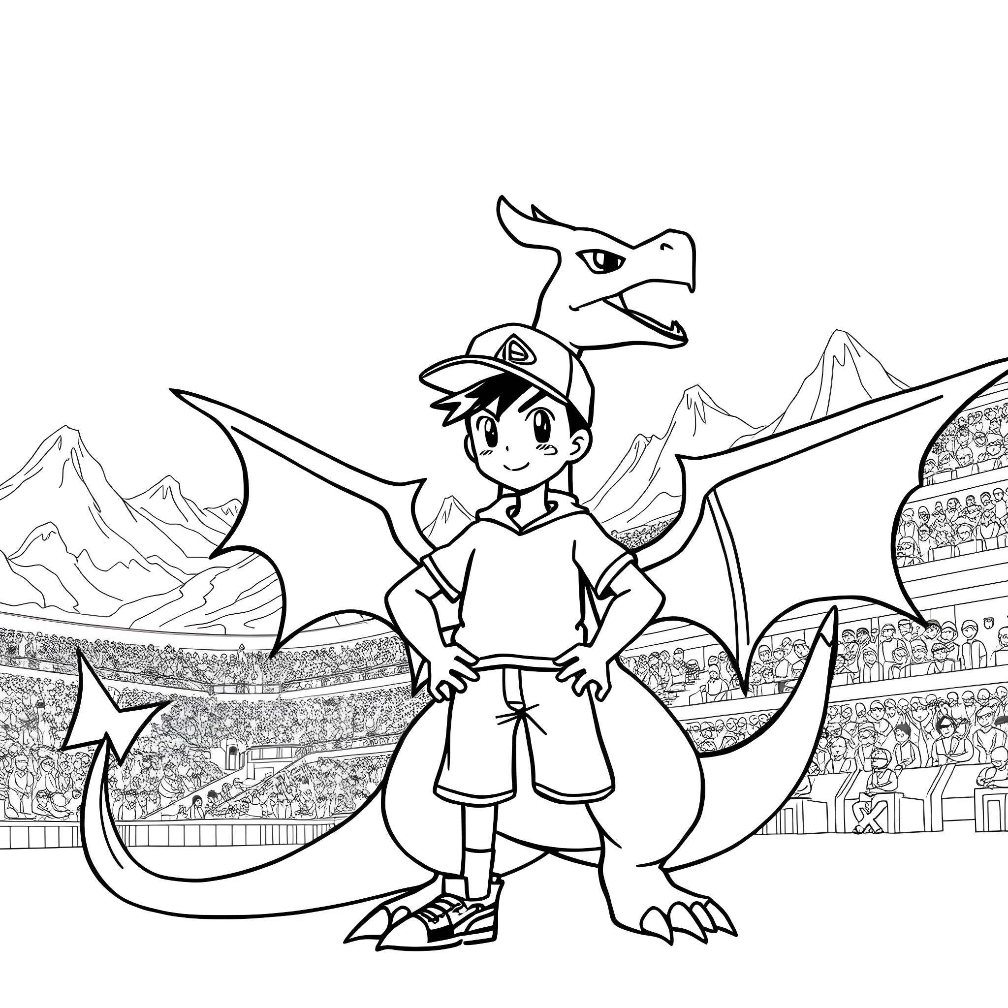 Ash Ketchum riding a dragon in a fantastical landscape Coloring Page (free black-and-white line drawing printable PDF for all, from beginners to advanced learners, including children, teens, adults, and seniors)