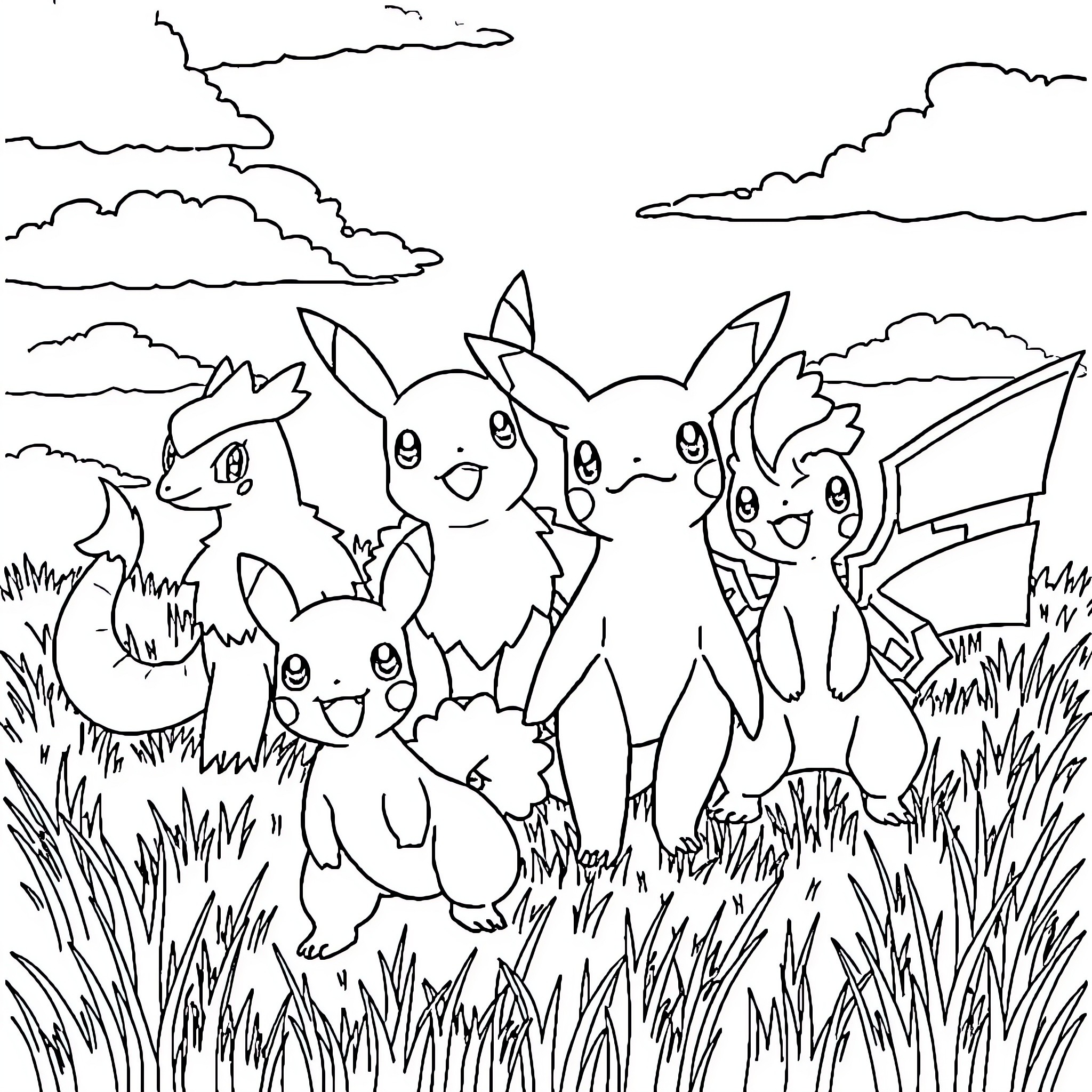 Pokémon characters playing in a grassy field Coloring Page (free black-and-white line drawing printable PDF for all, from beginners to advanced learners, including children, teens, adults, and seniors)