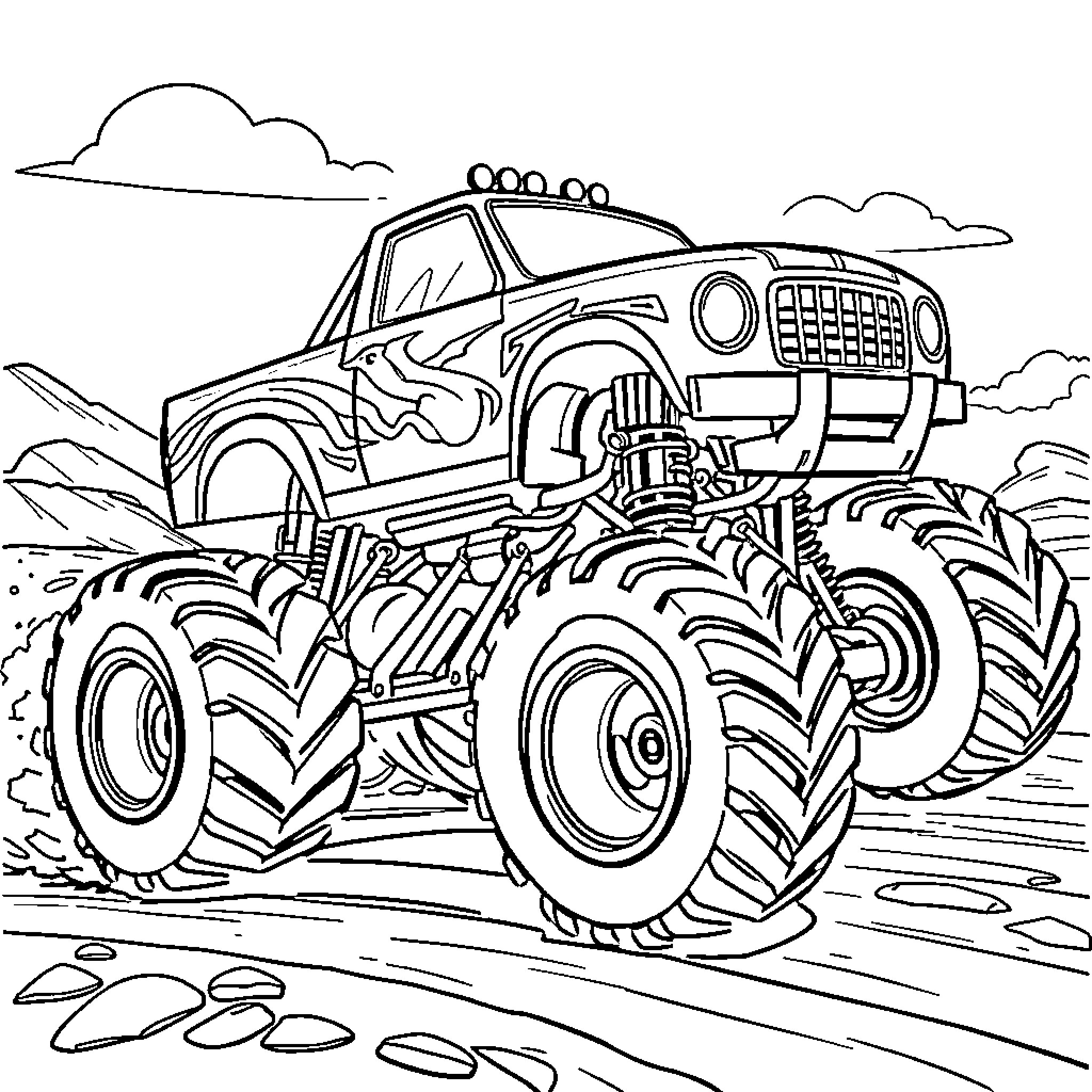 Monster Truck Crushing Through Rugged Terrain Coloring Page (free black-and-white line drawing printable PDF for all, from beginners to advanced learners, including children, teens, adults, and seniors)