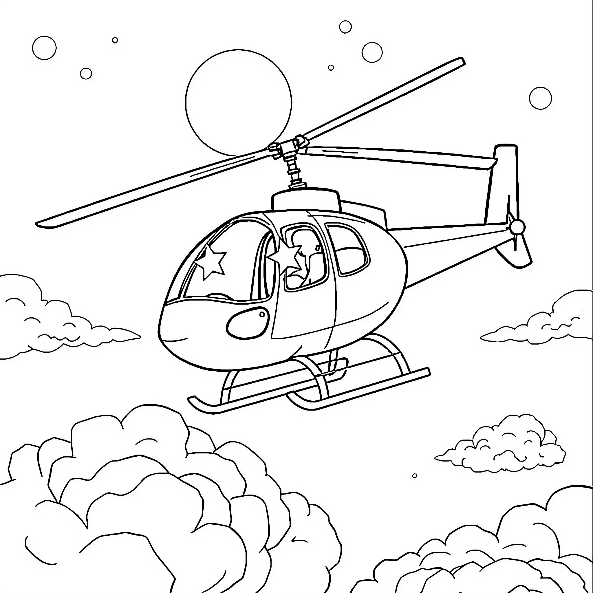 Helicopter flying through cloudy skies Coloring Page (free black-and-white line drawing printable PDF for all, from beginners to advanced learners, including children, teens, adults, and seniors)