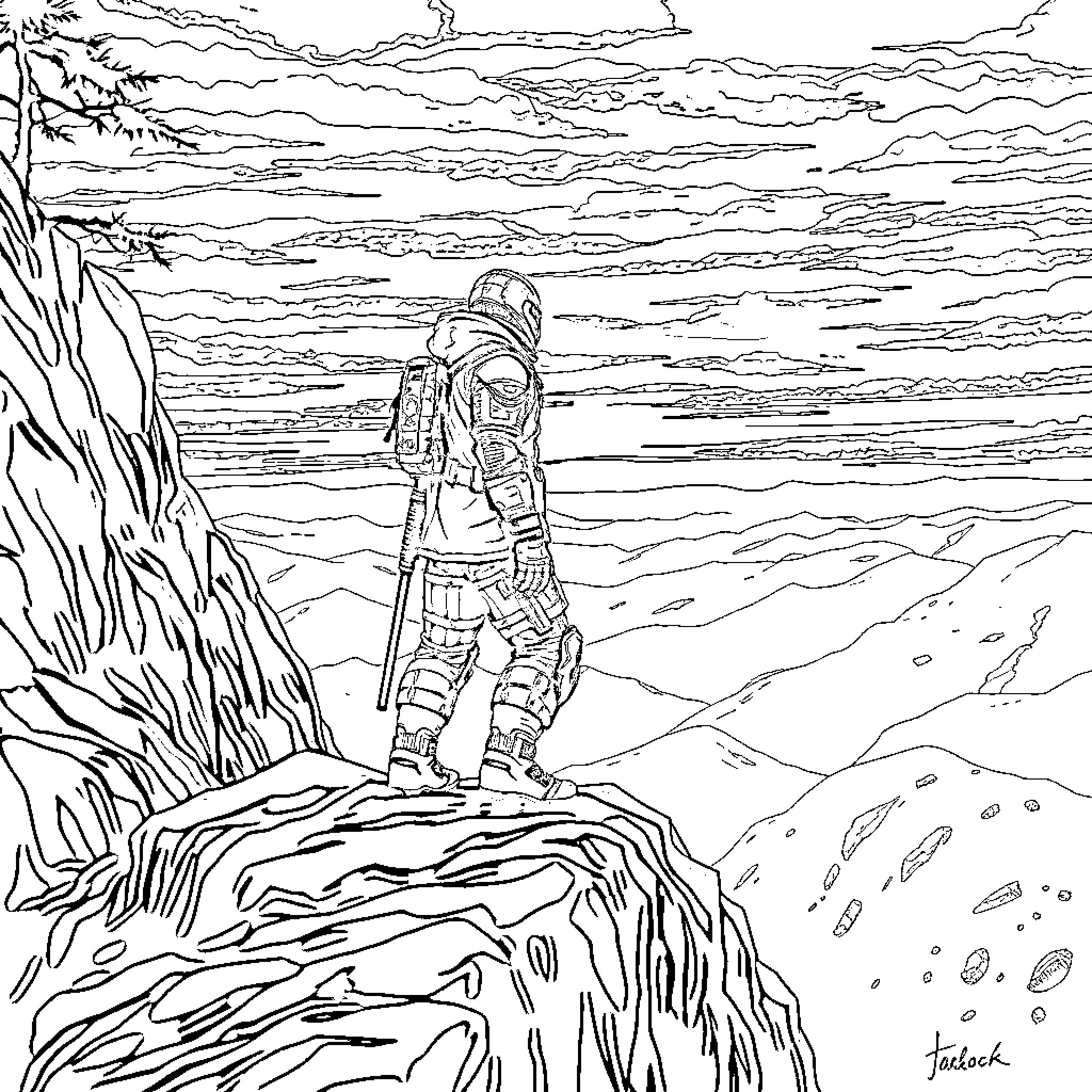 Jaeger standing on cliff in mountainous landscape Coloring Page (free black-and-white line drawing printable PDF for all, from beginners to advanced learners, including children, teens, adults, and seniors)