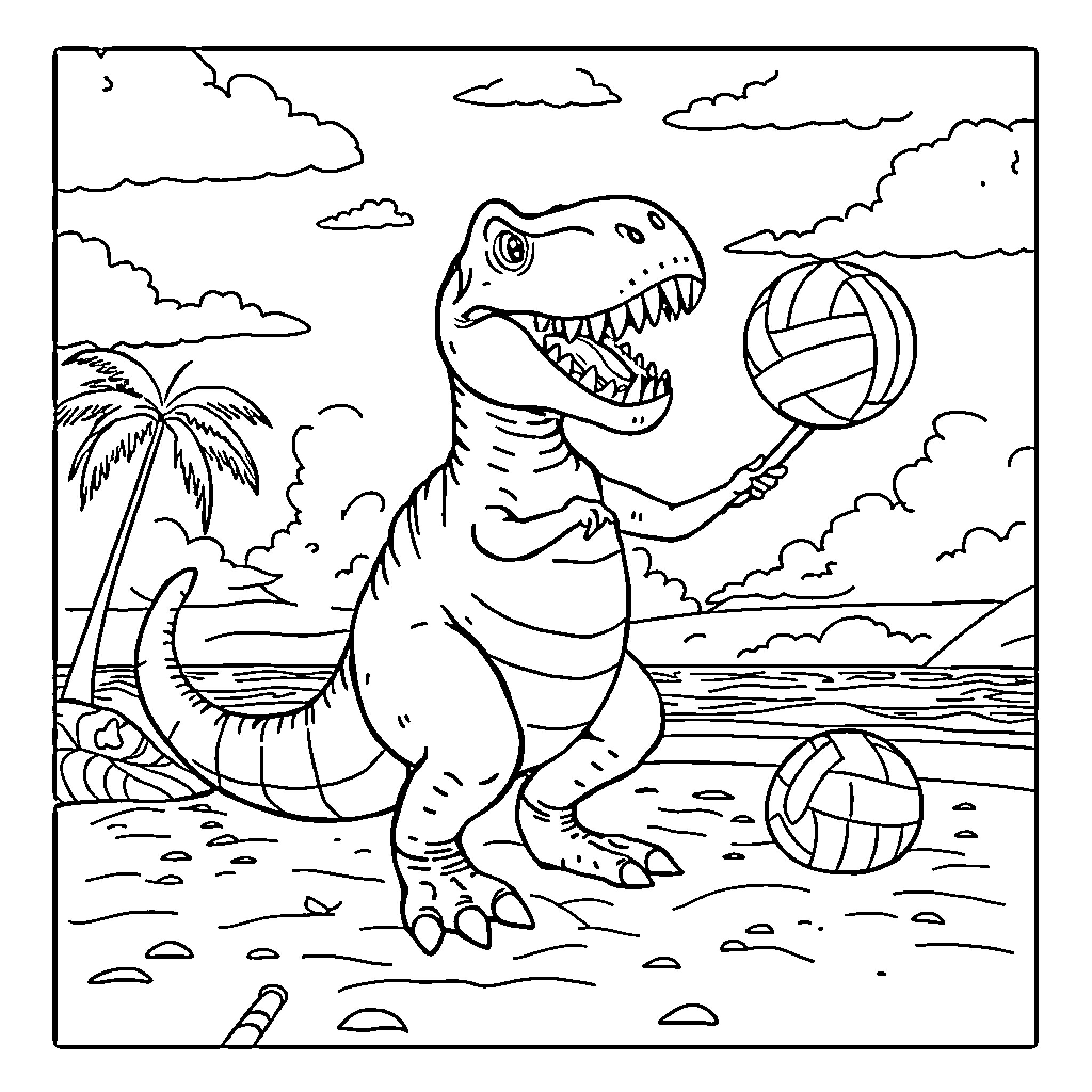T-Rex playing with beach balls on the tropical beach Coloring Page (free black-and-white line drawing printable PDF for all, from beginners to advanced learners, including children, teens, adults, and seniors)