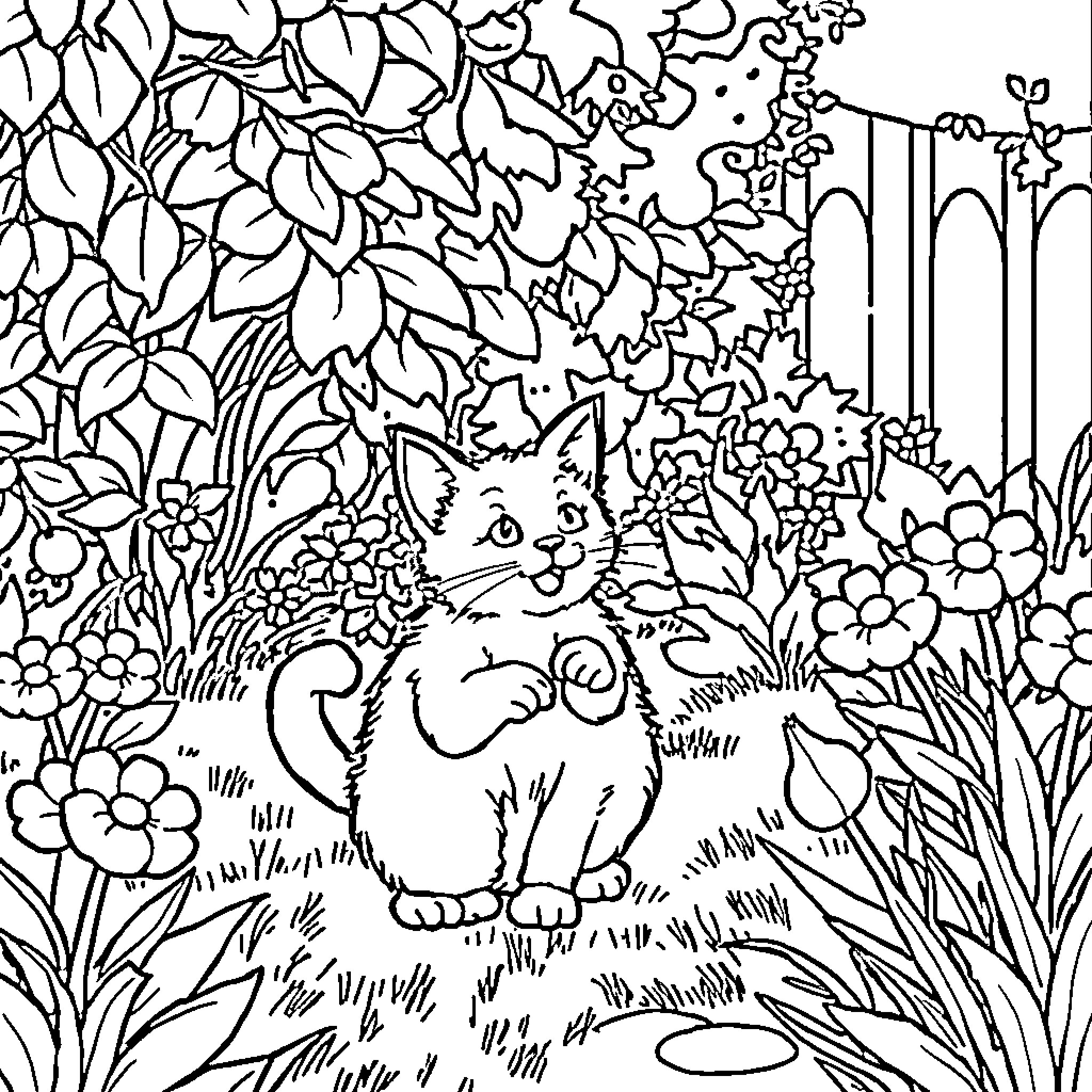 Chat with a curious cat in a floral garden Coloring Page (free black-and-white line drawing printable PDF for all, from beginners to advanced learners, including children, teens, adults, and seniors)