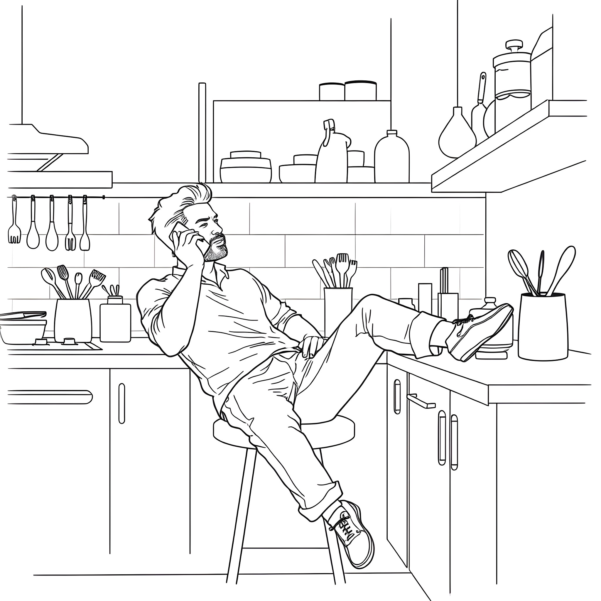 Man relaxing in the kitchen with coffee Coloring Page (free black-and-white line drawing printable PDF for all, from beginners to advanced learners, including children, teens, adults, and seniors)