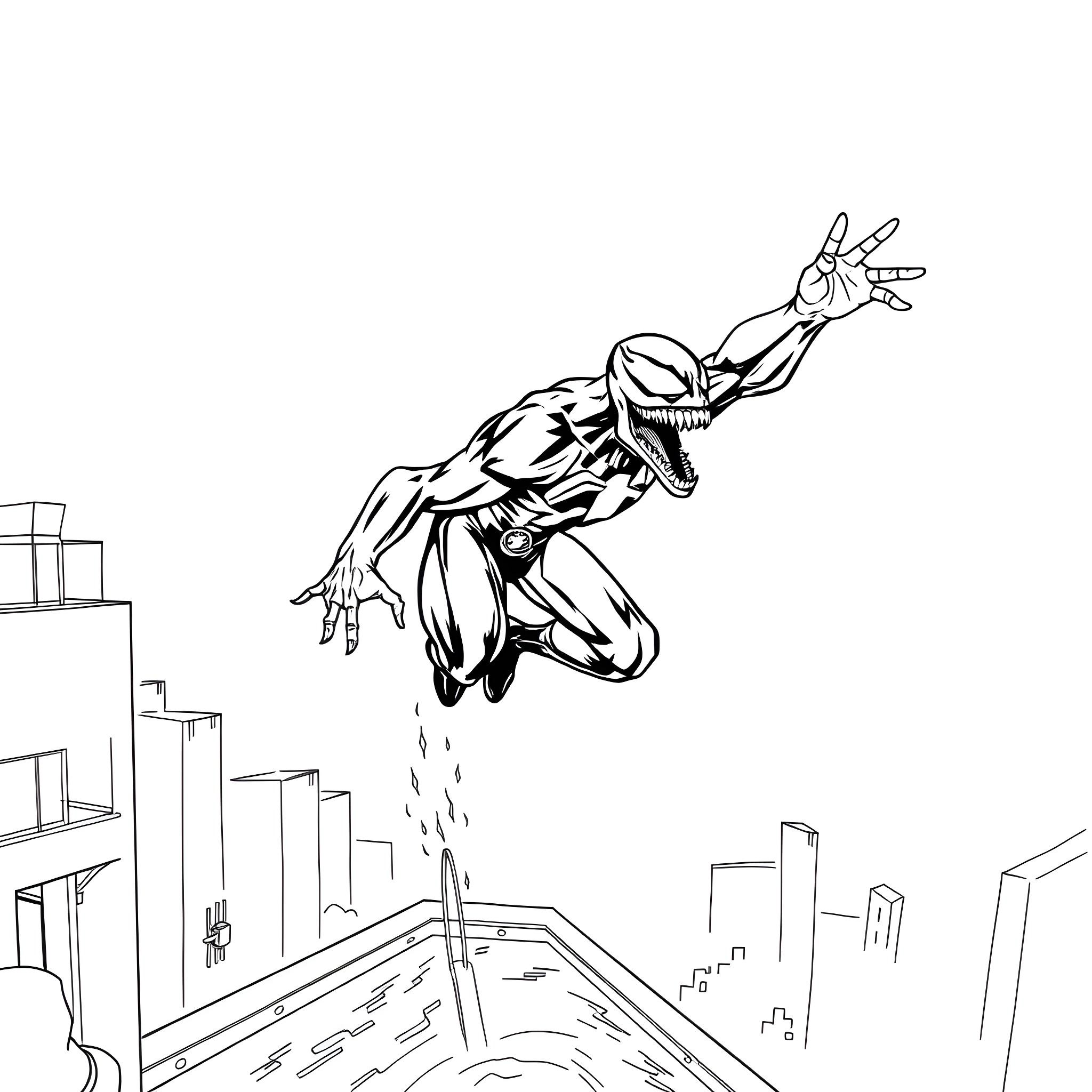 Venom swinging through the city Coloring Page (free black-and-white line drawing printable PDF for all, from beginners to advanced learners, including children, teens, adults, and seniors)