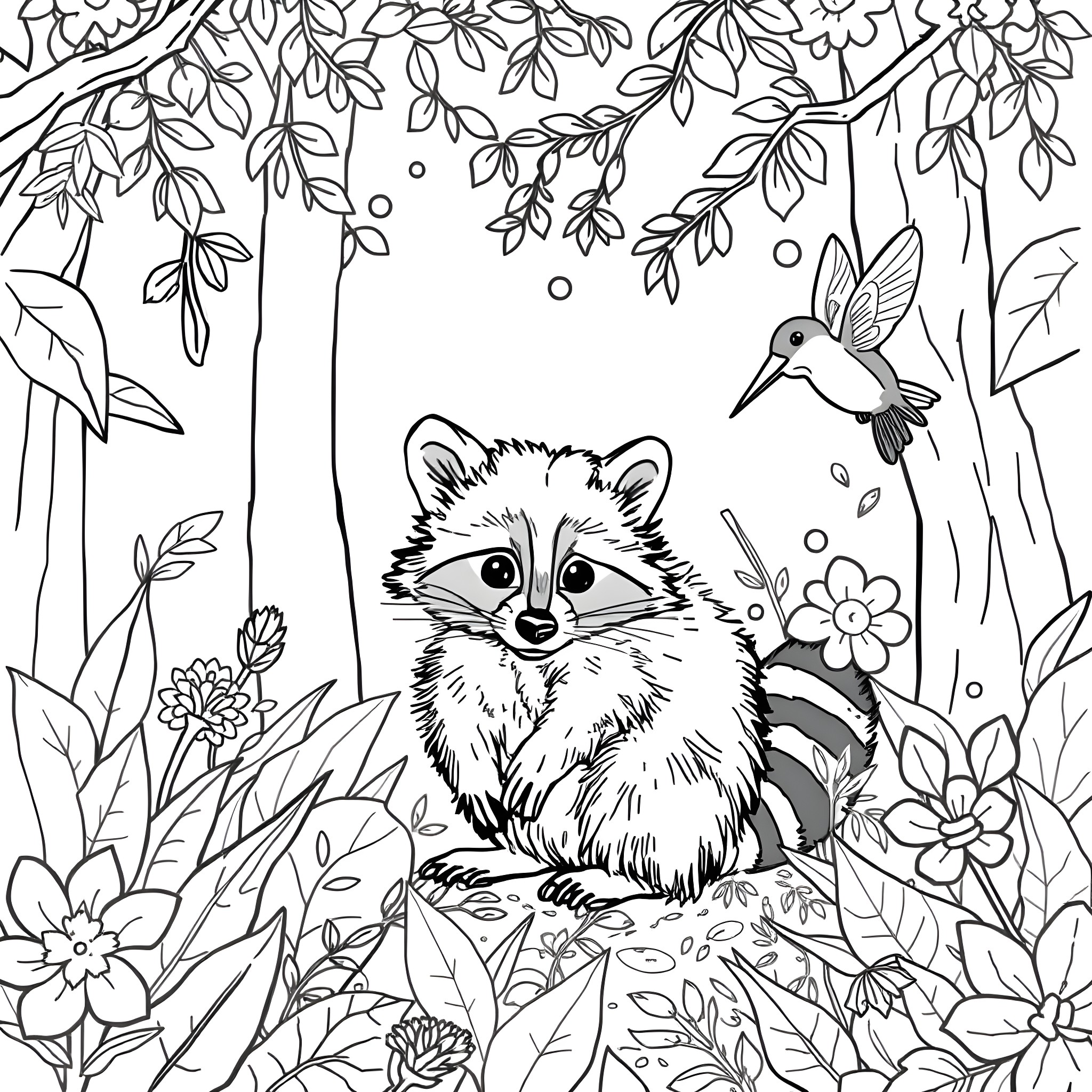 Meeko exploring the enchanting forest with a hummingbird Coloring Page (free black-and-white line drawing printable PDF for all, from beginners to advanced learners, including children, teens, adults, and seniors)