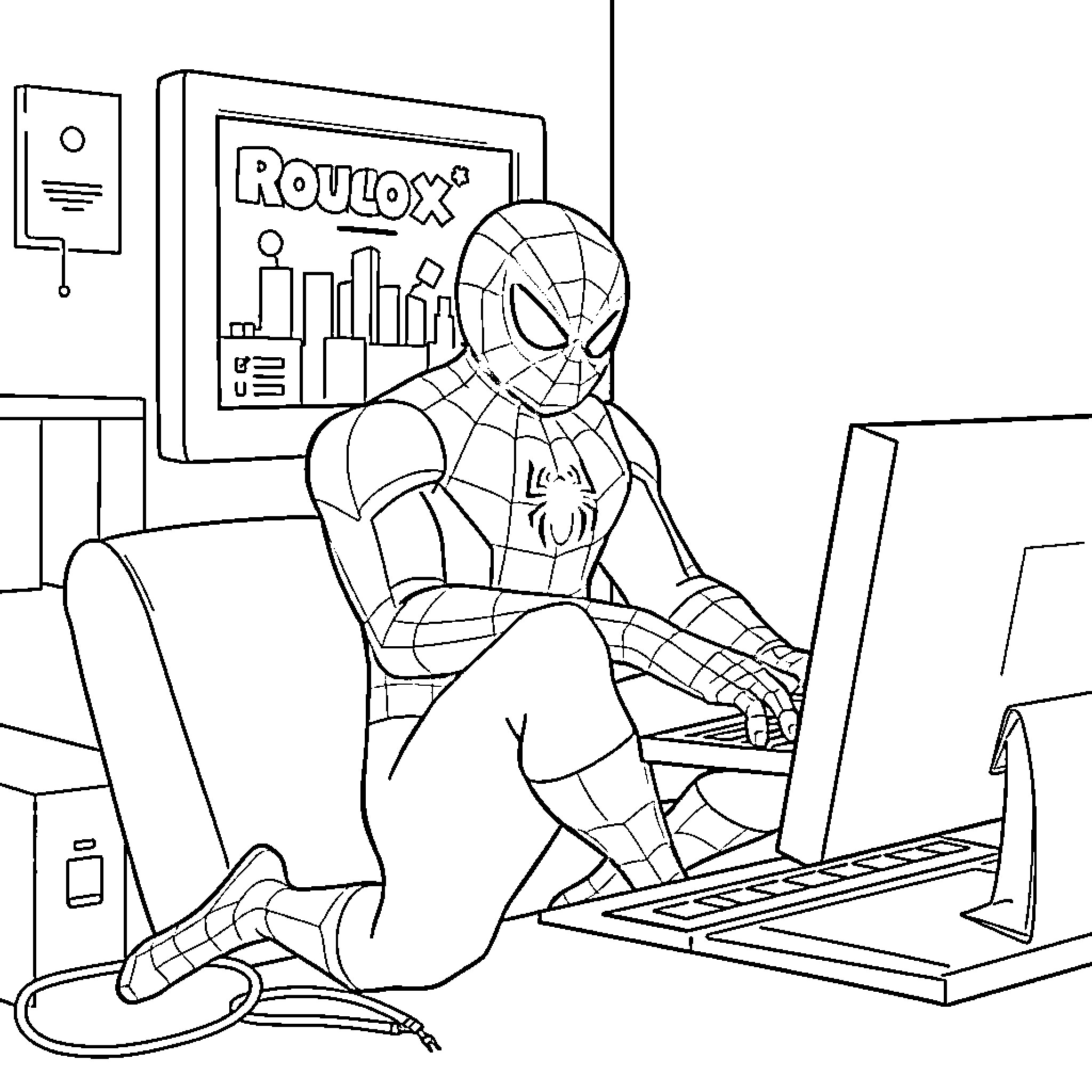 Spiderman playing video game on computer Coloring Page (free black-and-white line drawing printable PDF for all, from beginners to advanced learners, including children, teens, adults, and seniors)
