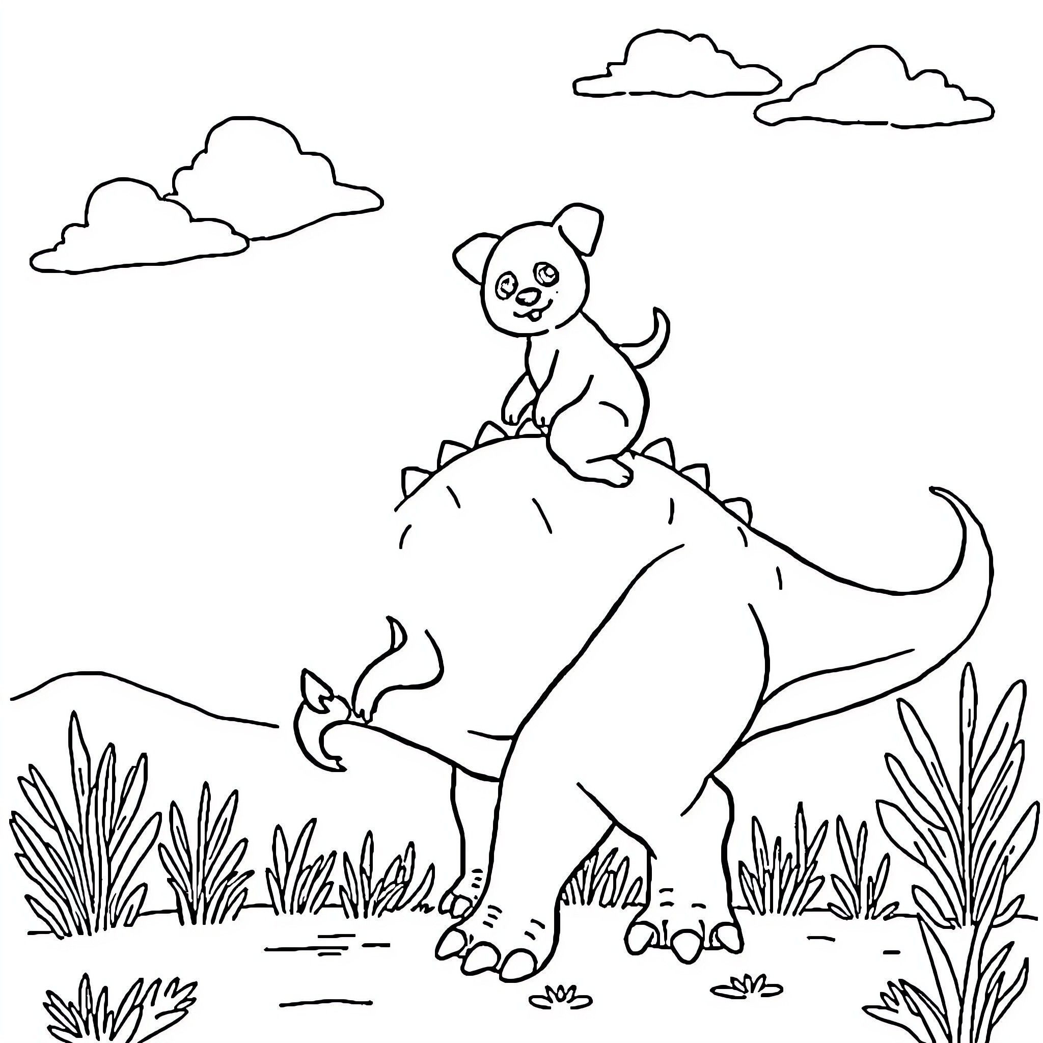 Dog playing happily on a dinosaur Coloring Page (free black-and-white line drawing printable PDF for all, from beginners to advanced learners, including children, teens, adults, and seniors)