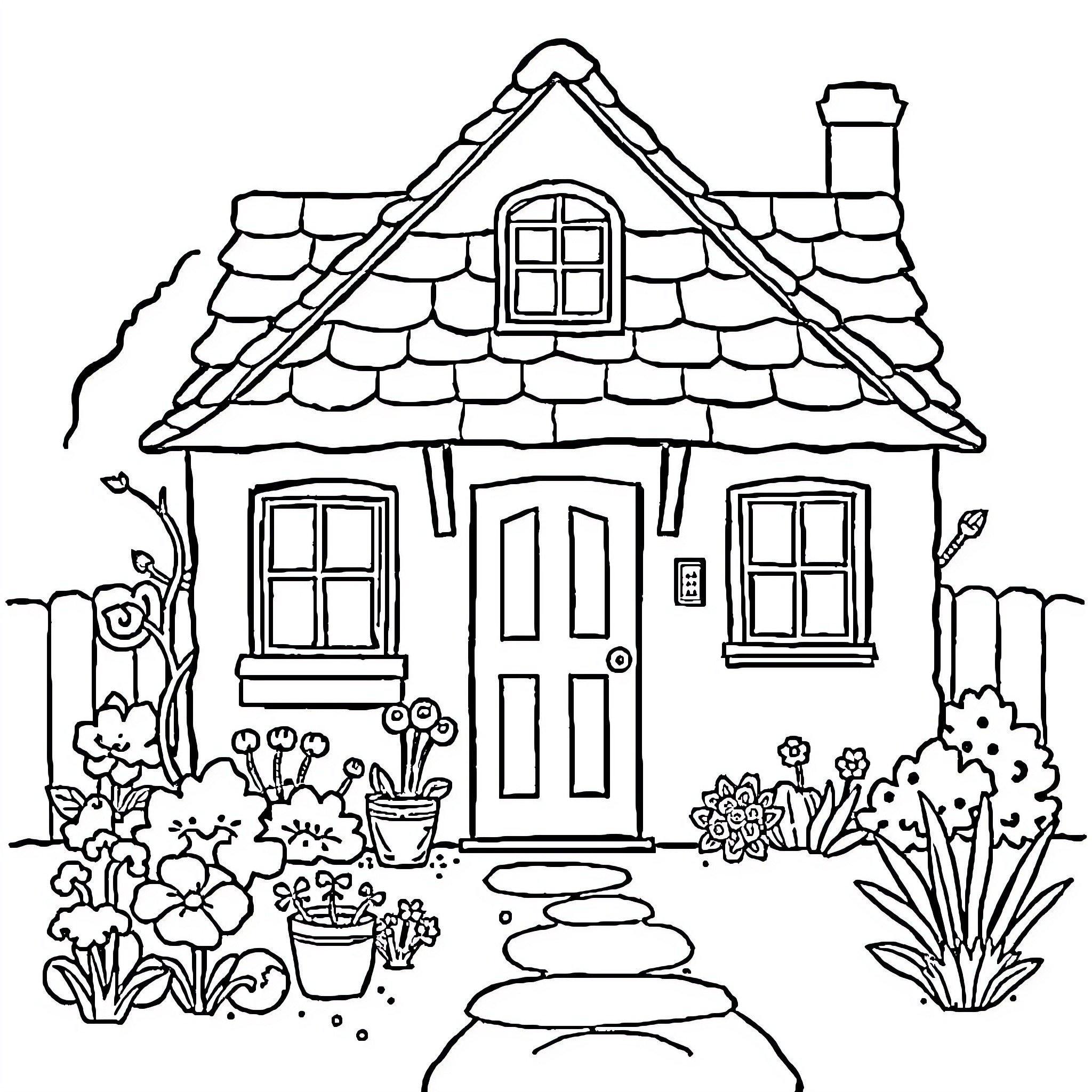House with quaint garden and floral accents Coloring Page (free black-and-white line drawing printable PDF for all, from beginners to advanced learners, including children, teens, adults, and seniors)