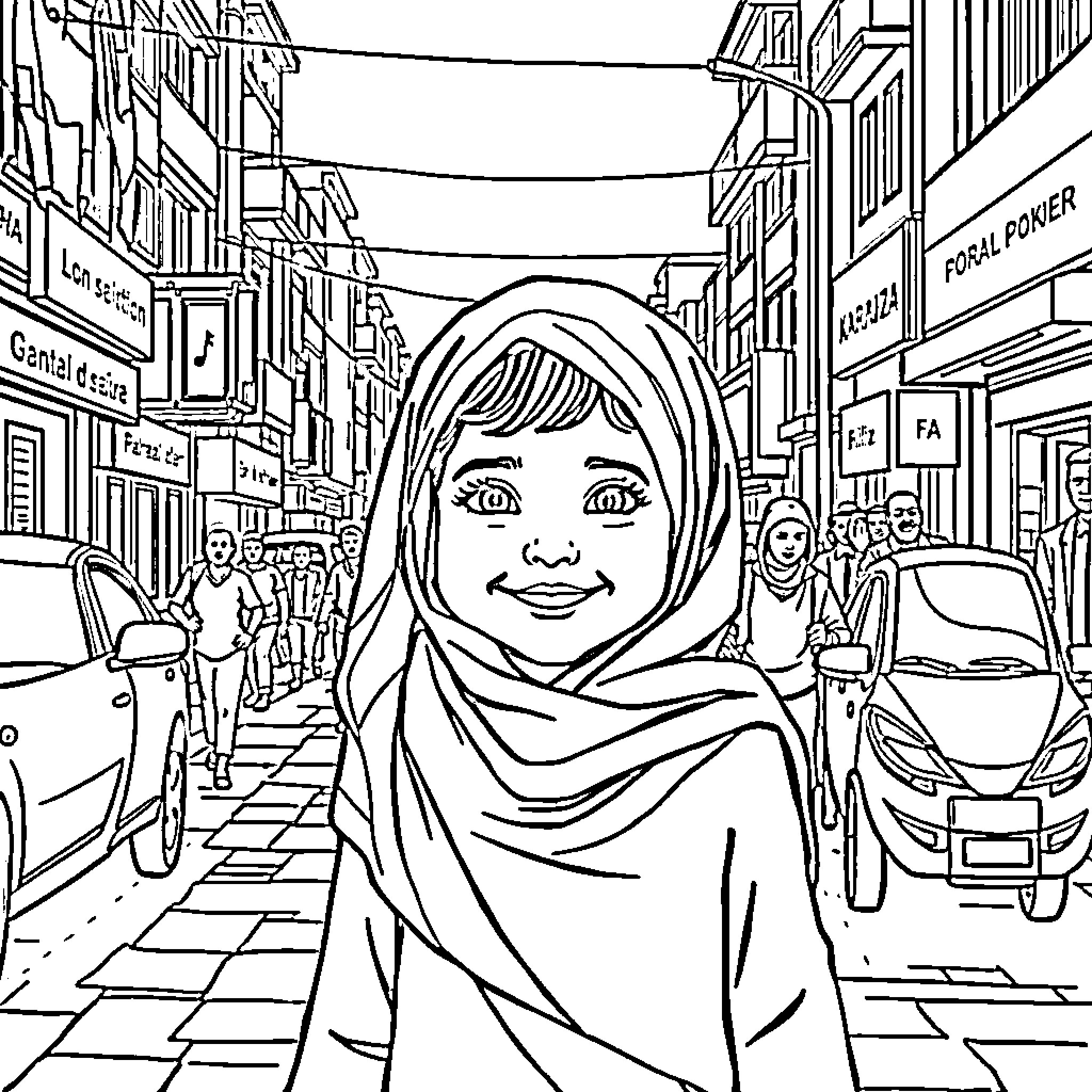 Girl in Hijab Exploring Busy City Street Coloring Page (free black-and-white line drawing printable PDF for all, from beginners to advanced learners, including children, teens, adults, and seniors)