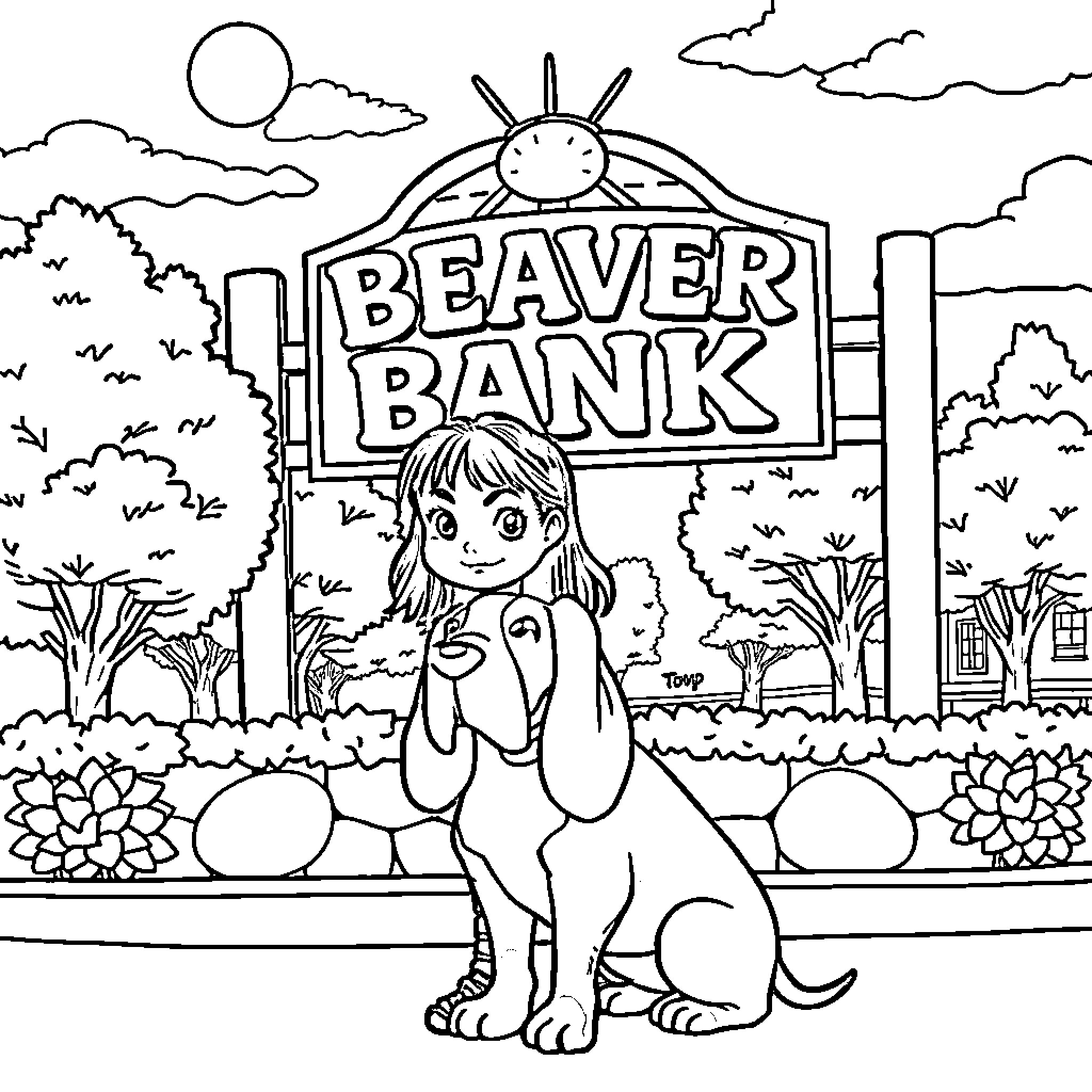 Girl playing happily in front of Beaver Bank Coloring Page (free black-and-white line drawing printable PDF for all, from beginners to advanced learners, including children, teens, adults, and seniors)