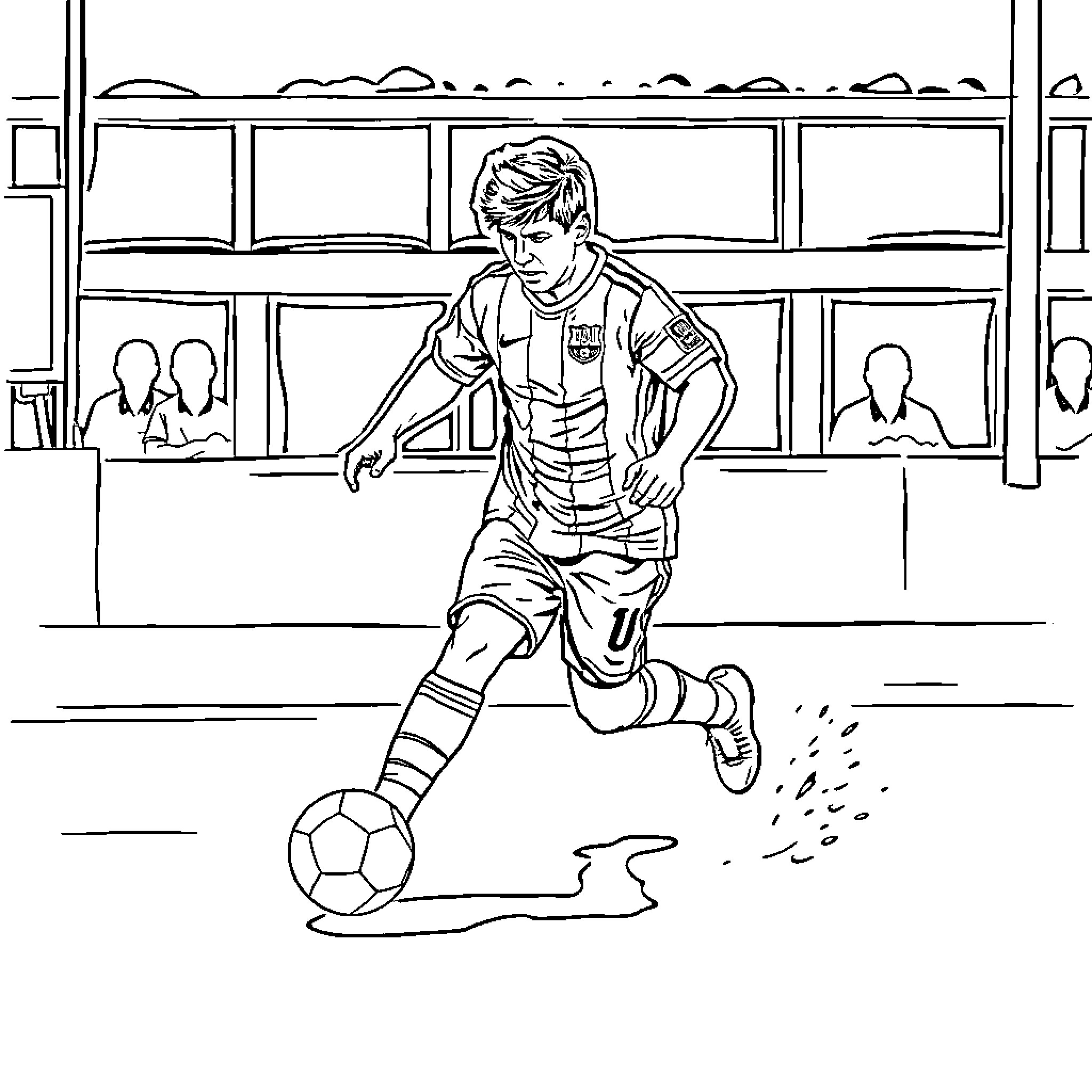 Messi dribbling on the soccer field Coloring Page (free black-and-white line drawing printable PDF for all, from beginners to advanced learners, including children, teens, adults, and seniors)