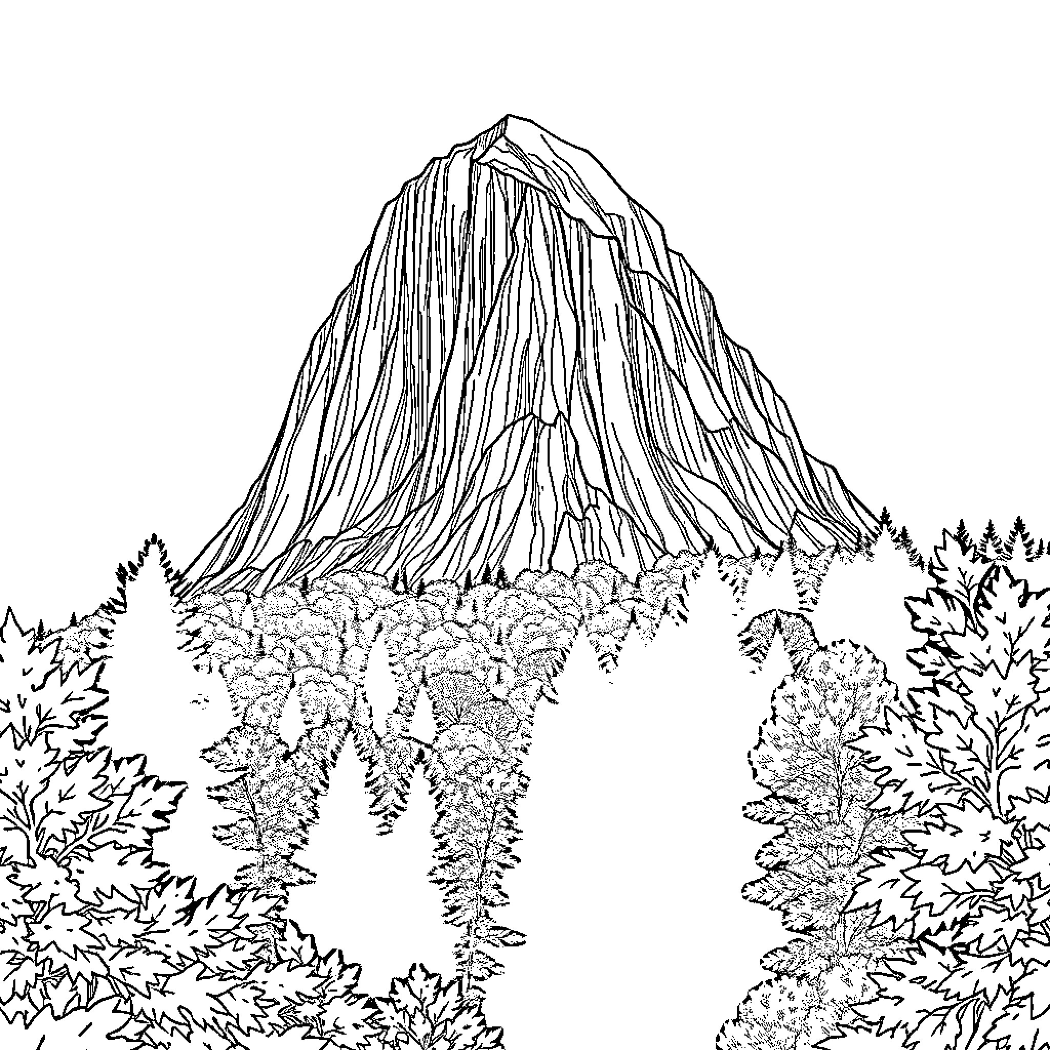 Tree-covered mountainous landscape with lush foliage Coloring Page (free black-and-white line drawing printable PDF for all, from beginners to advanced learners, including children, teens, adults, and seniors)