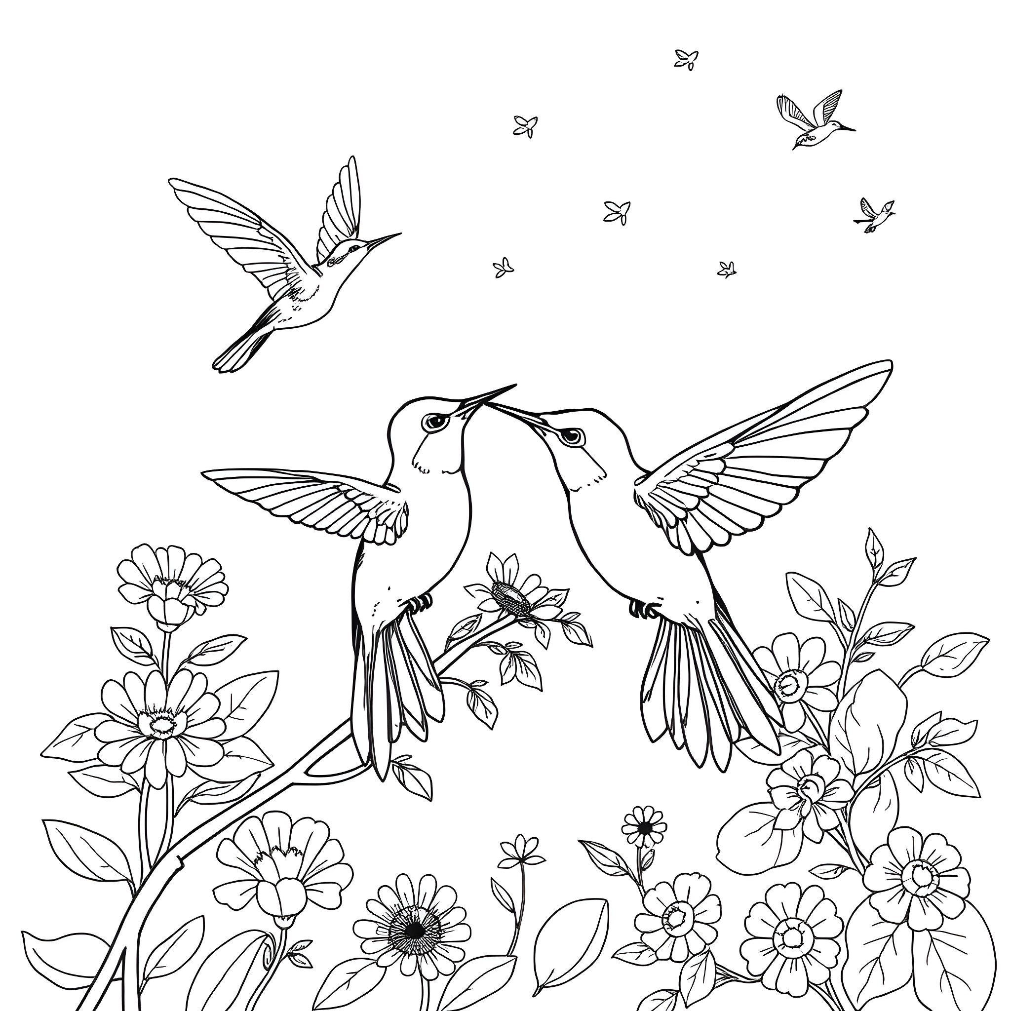 Hummingbirds dancing among the flowers Coloring Page (free black-and-white line drawing printable PDF for all, from beginners to advanced learners, including children, teens, adults, and seniors)