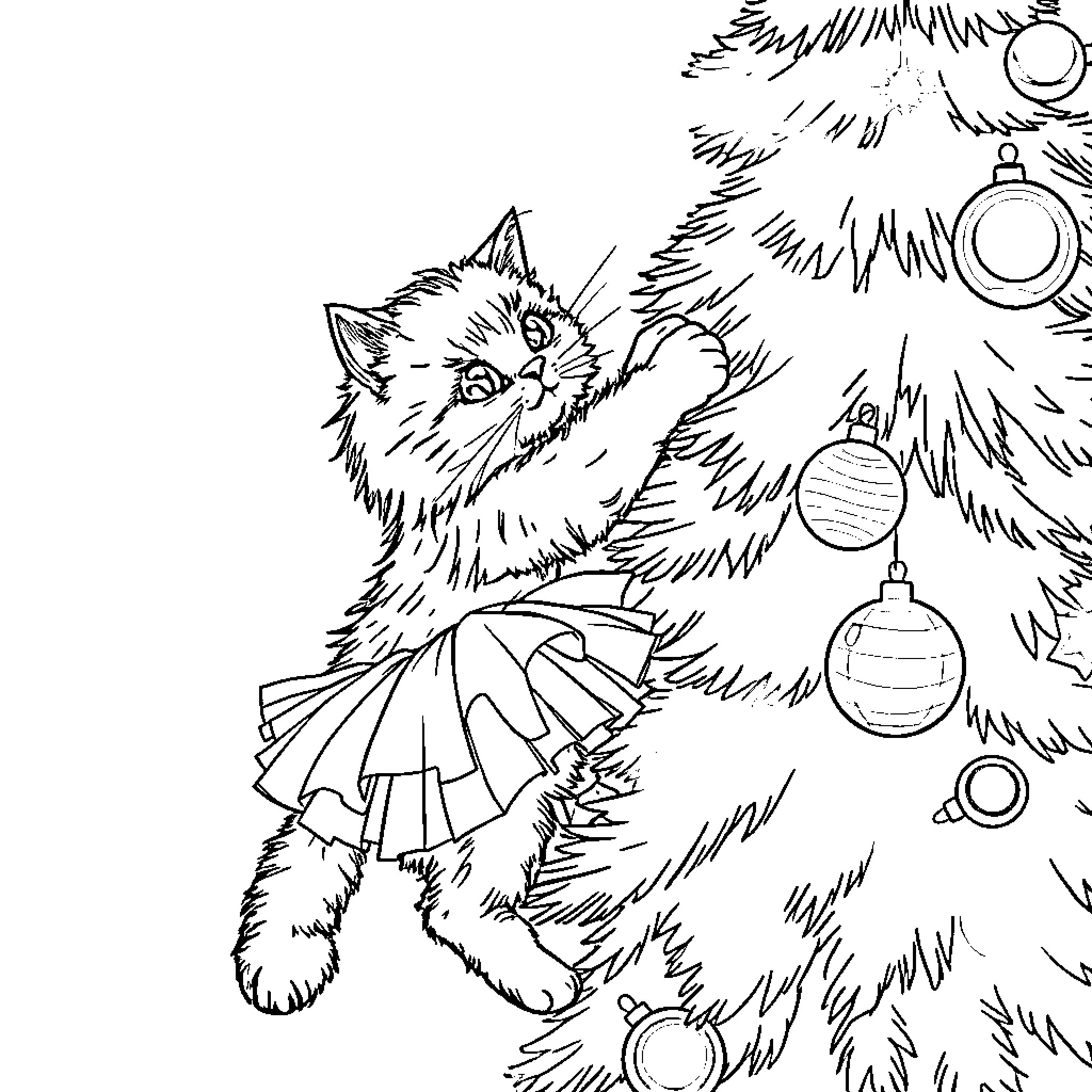 Cat peeking out from Christmas tree Coloring Page (free black-and-white line drawing printable PDF for all, from beginners to advanced learners, including children, teens, adults, and seniors)