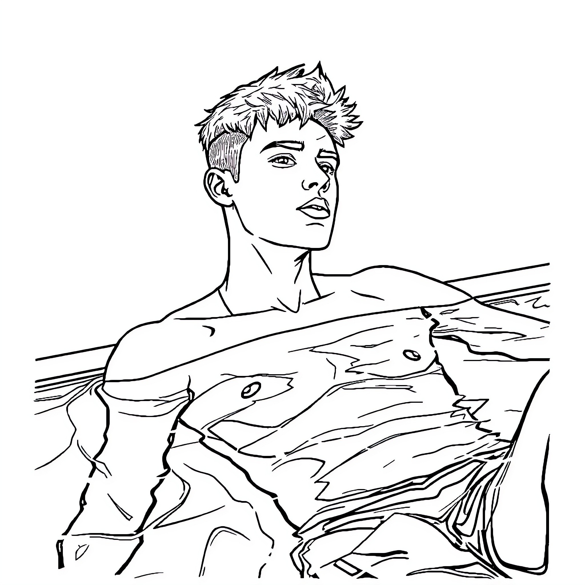 Justin Bieber in contemplative pose Coloring Page (free black-and-white line drawing printable PDF for all, from beginners to advanced learners, including children, teens, adults, and seniors)