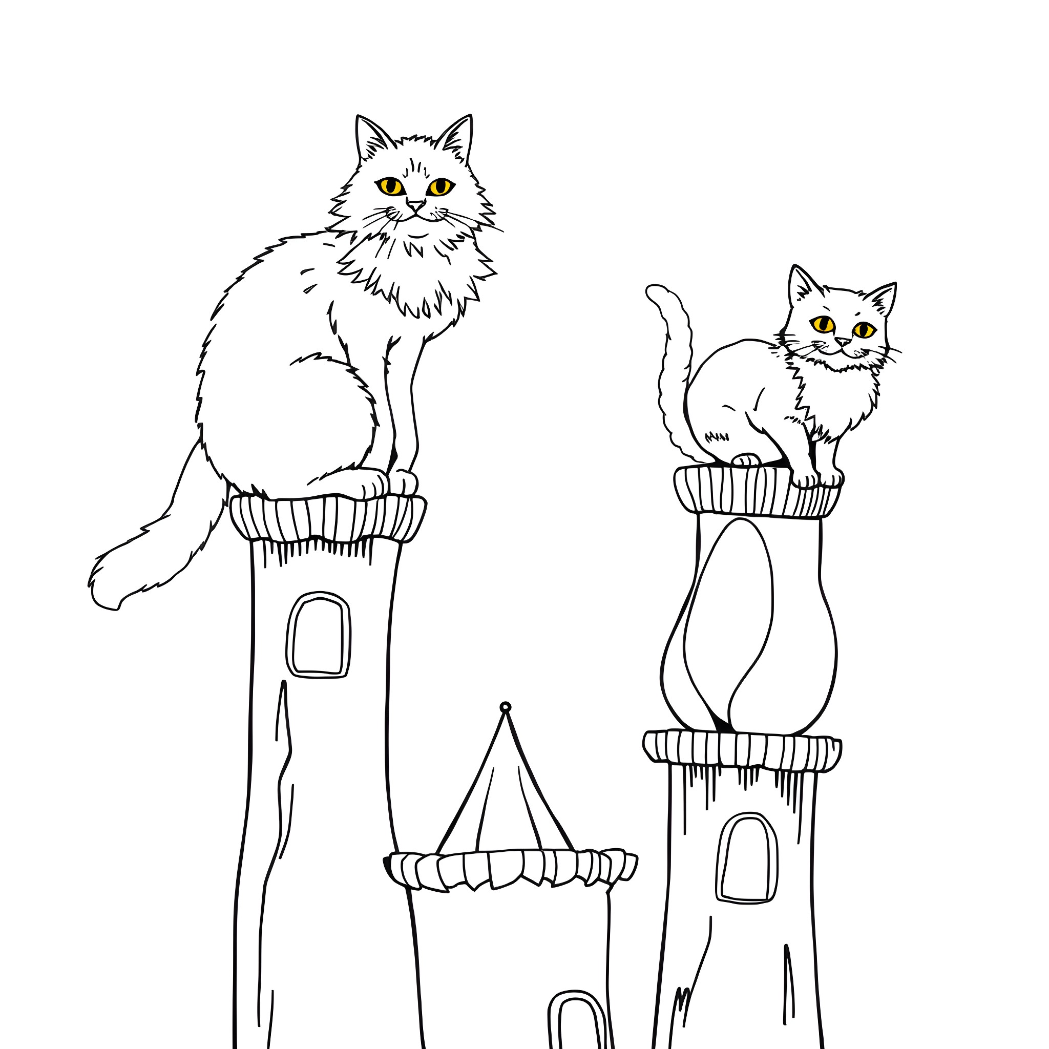 Cats sitting on castle-like structures Coloring Page (free black-and-white line drawing printable PDF for all, from beginners to advanced learners, including children, teens, adults, and seniors)