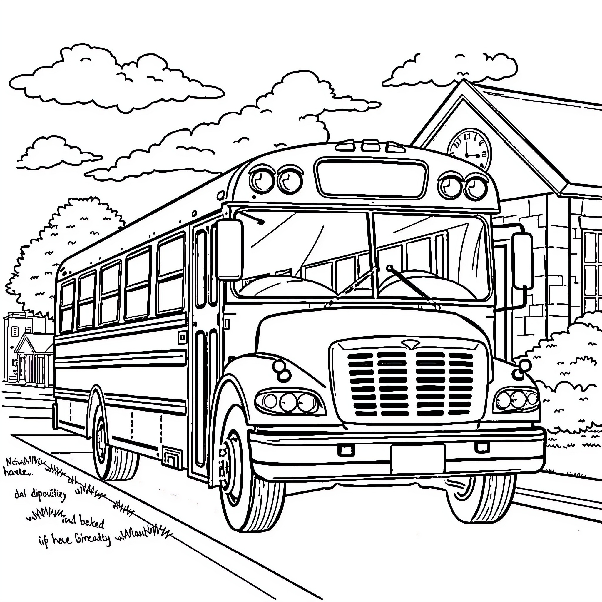 School Bus Heading to School on a Cloudy Day Coloring Page (free black-and-white line drawing printable PDF for all, from beginners to advanced learners, including children, teens, adults, and seniors)
