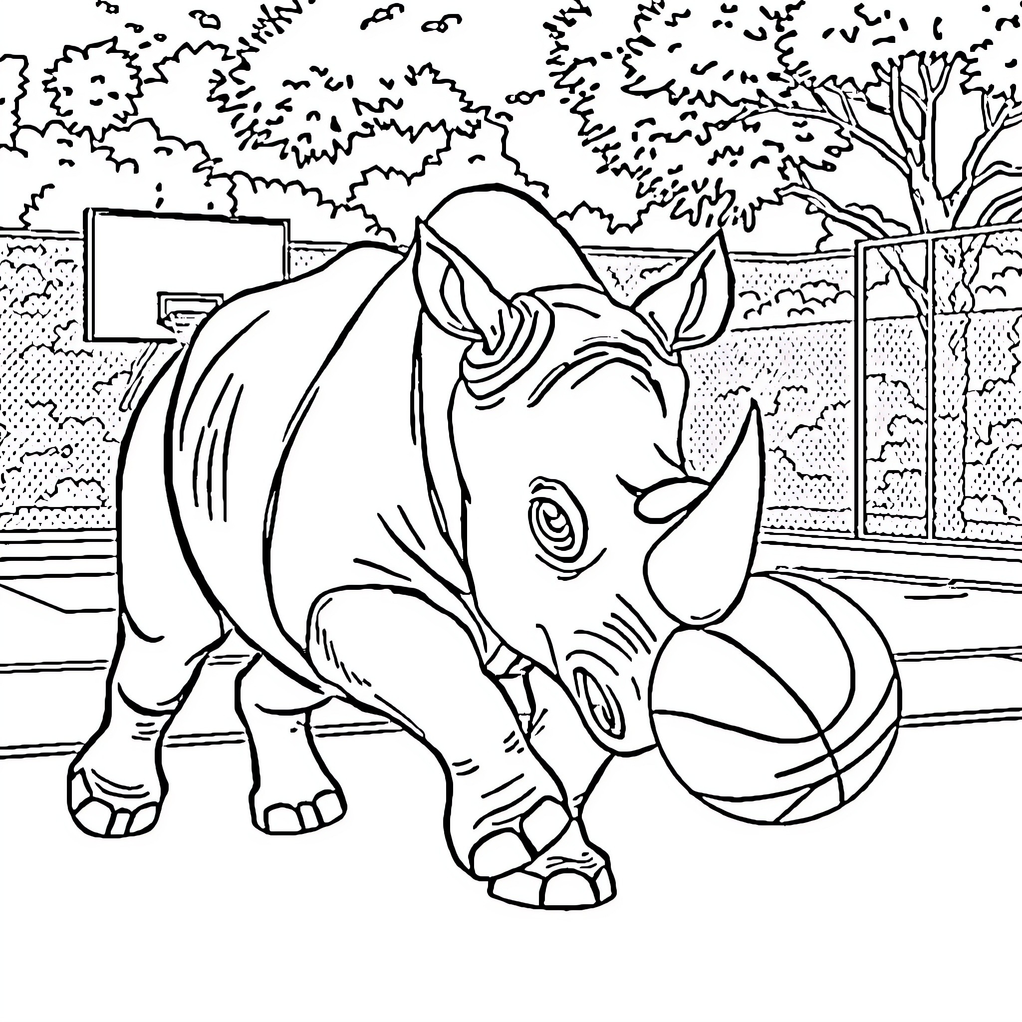 Rhino in the Zoo Enclosure Coloring Page (free black-and-white line drawing printable PDF for all, from beginners to advanced learners, including children, teens, adults, and seniors)