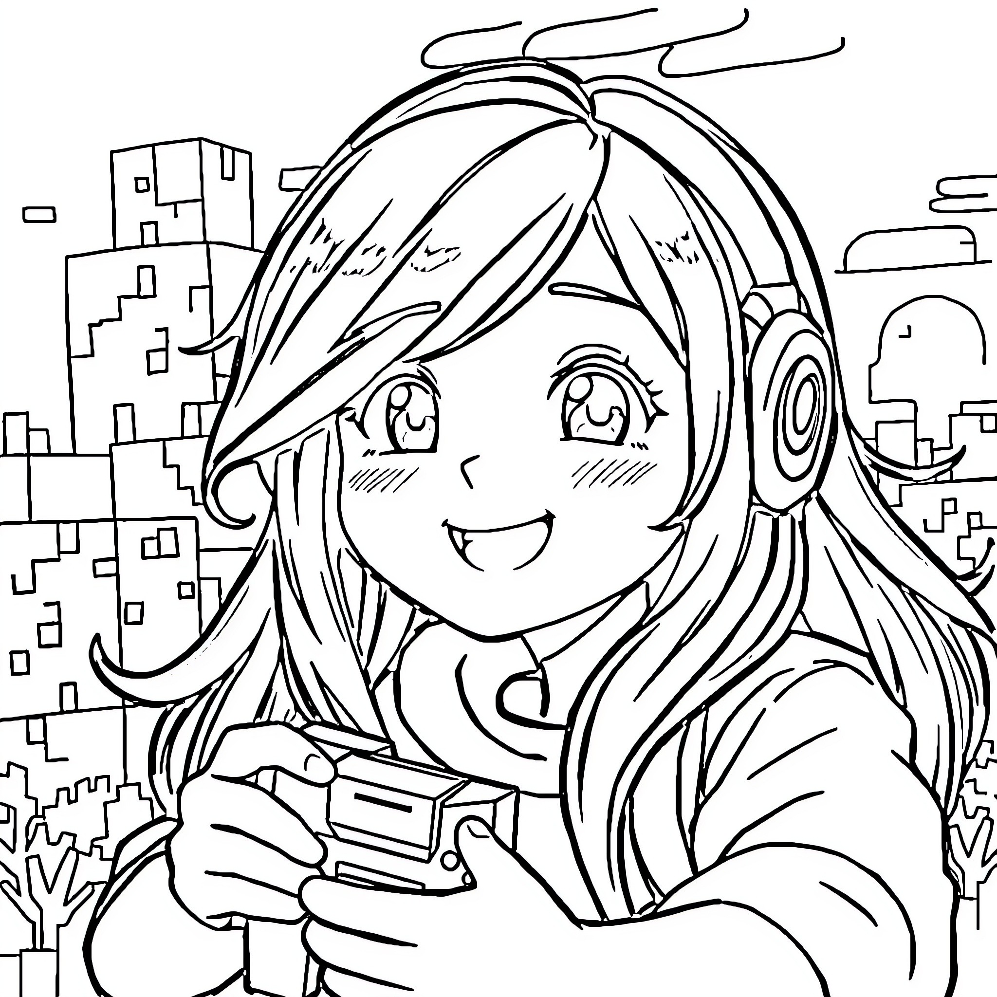 Aphmau enjoying a video game in the city Coloring Page (free black-and-white line drawing printable PDF for all, from beginners to advanced learners, including children, teens, adults, and seniors)