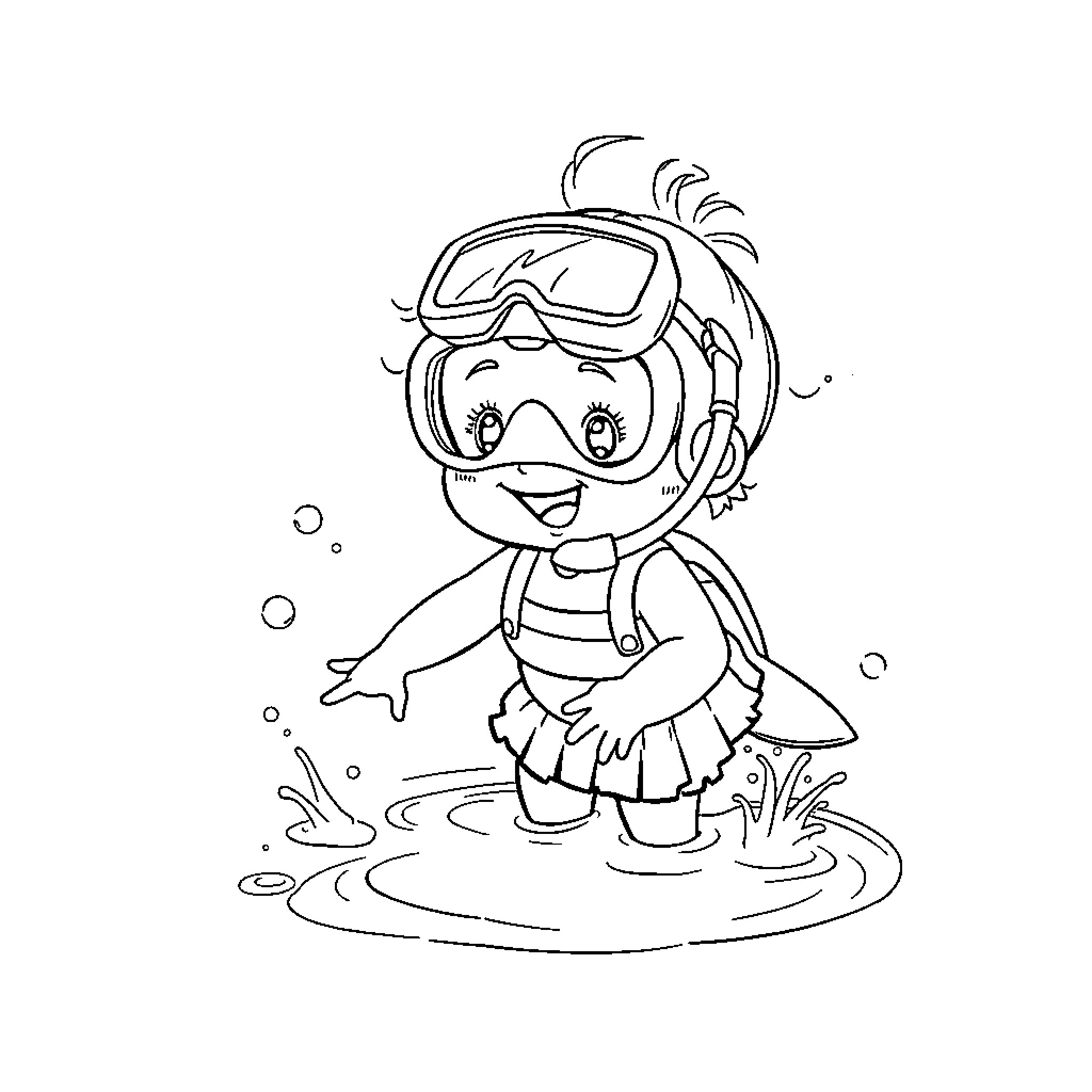 Baby Girl Exploring the Underwater World Coloring Page (free black-and-white line drawing printable PDF for all, from beginners to advanced learners, including children, teens, adults, and seniors)