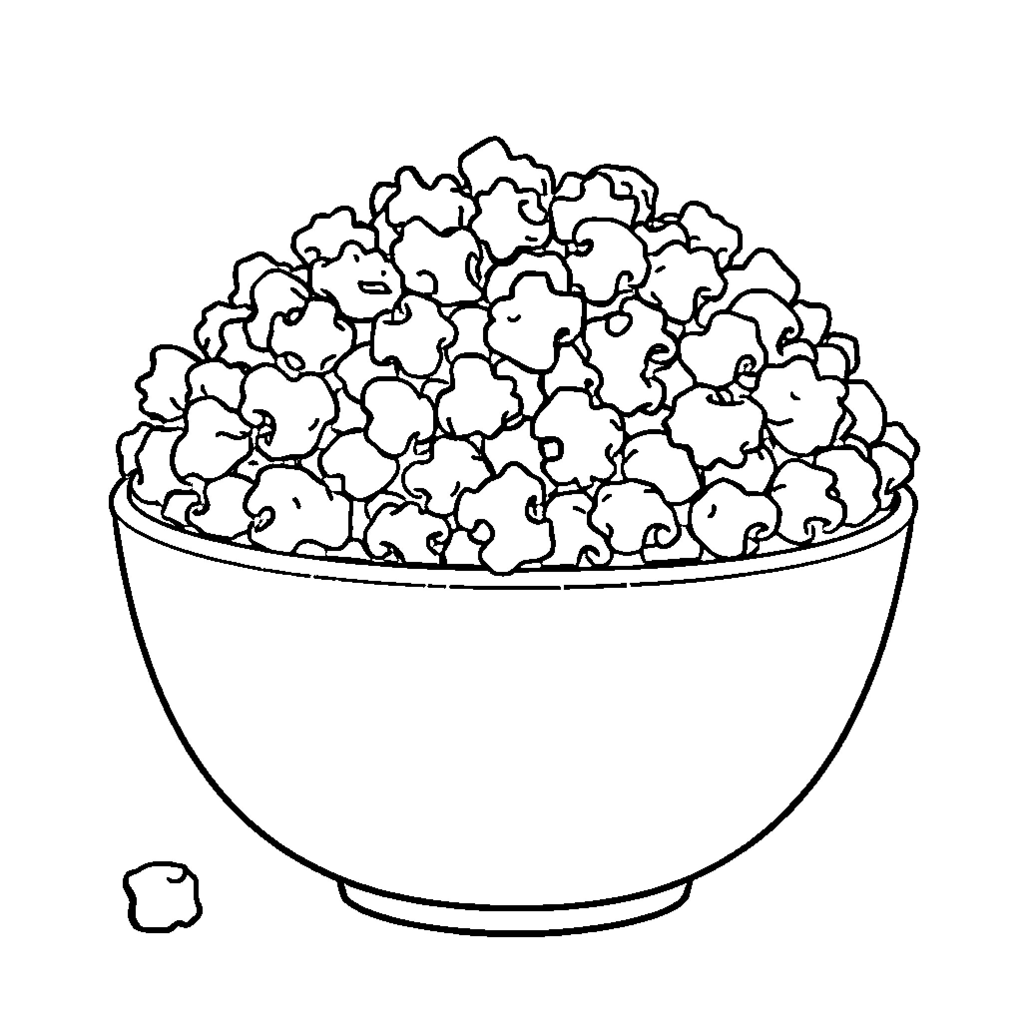 Popcorn overflowing in a bowl Coloring Page (free black-and-white line drawing printable PDF for all, from beginners to advanced learners, including children, teens, adults, and seniors)