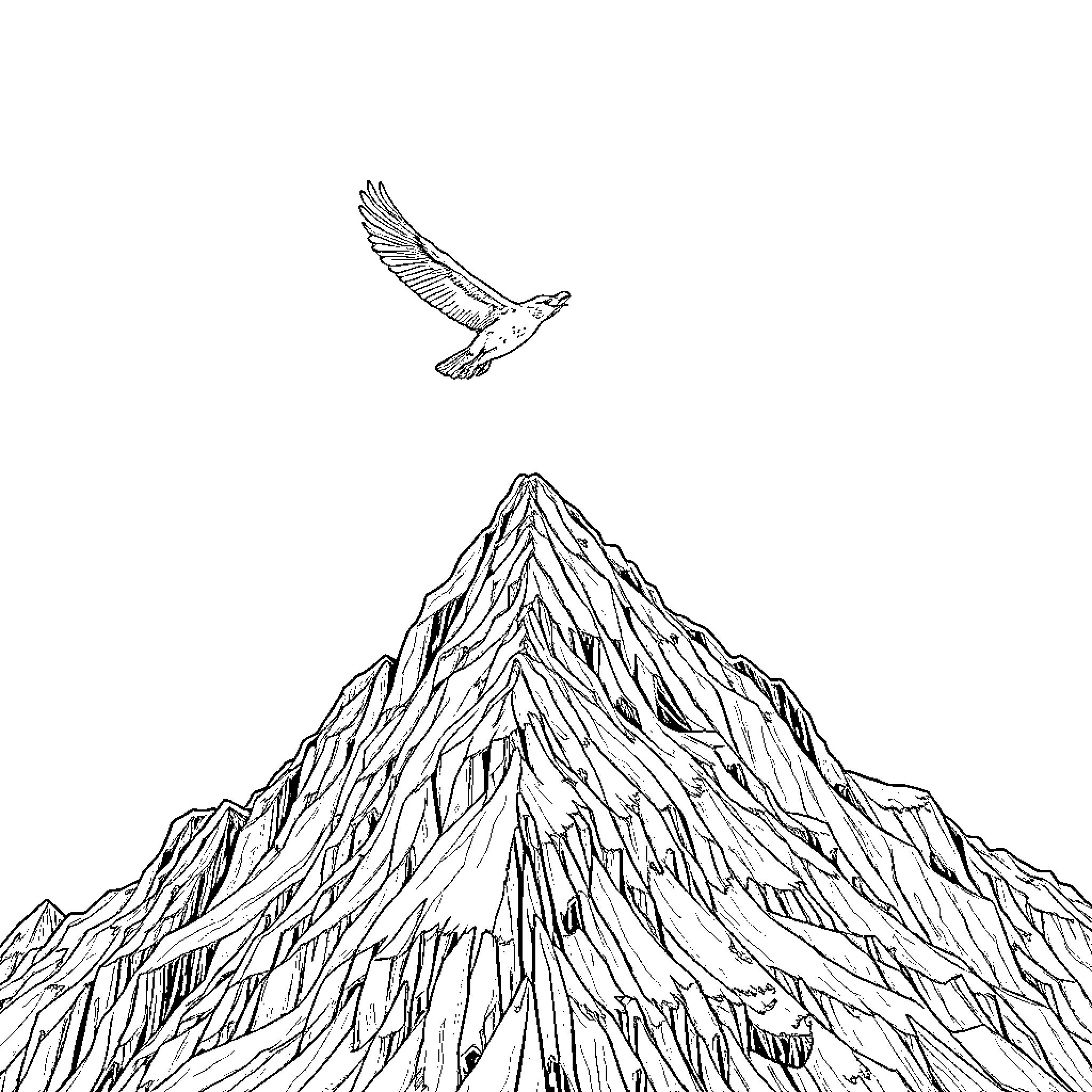 Dusty McCrop soaring over rugged mountain peaks Coloring Page (free black-and-white line drawing printable PDF for all, from beginners to advanced learners, including children, teens, adults, and seniors)