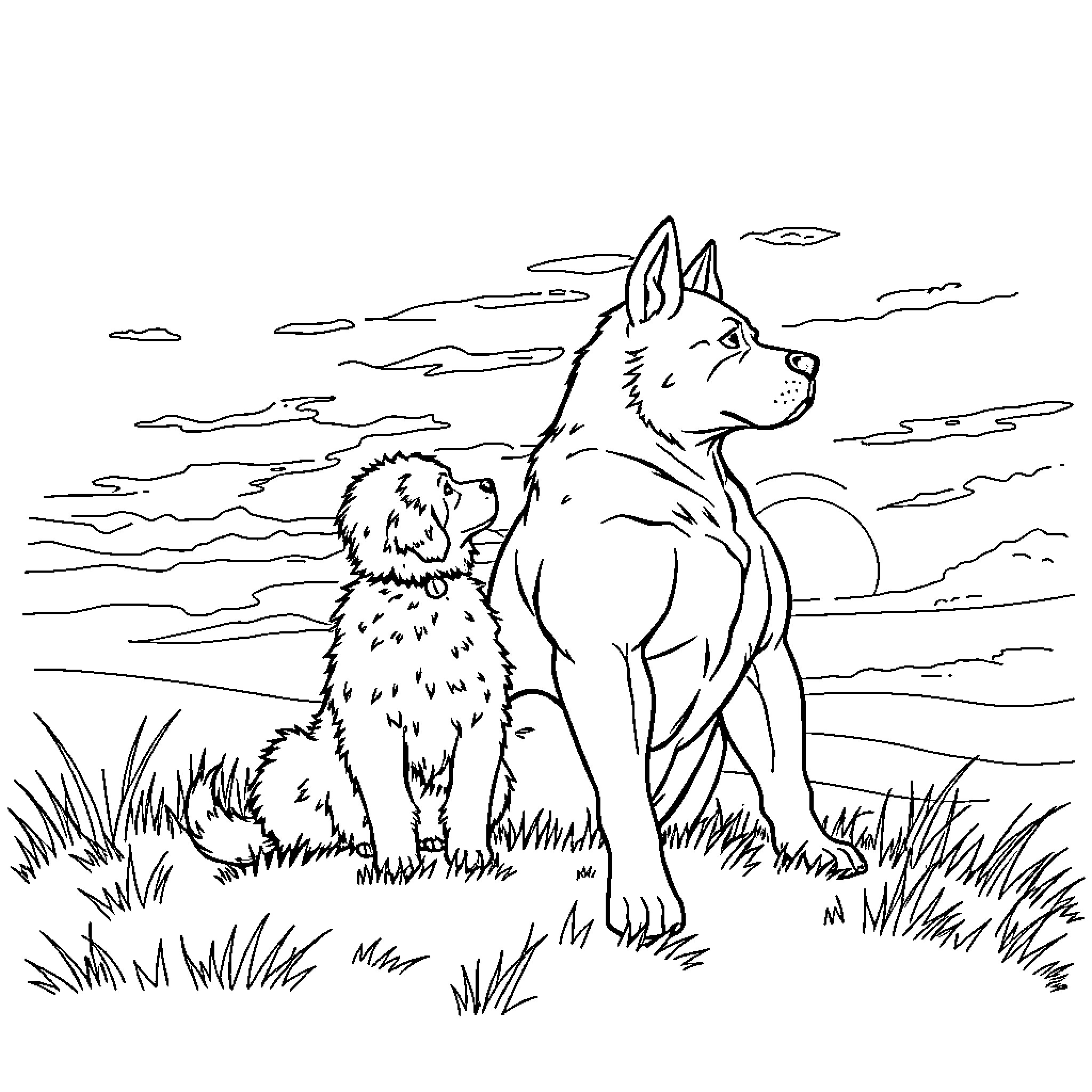 Dog in Grassy Field with Cloudy Sky Coloring Page (free black-and-white line drawing printable PDF for all, from beginners to advanced learners, including children, teens, adults, and seniors)