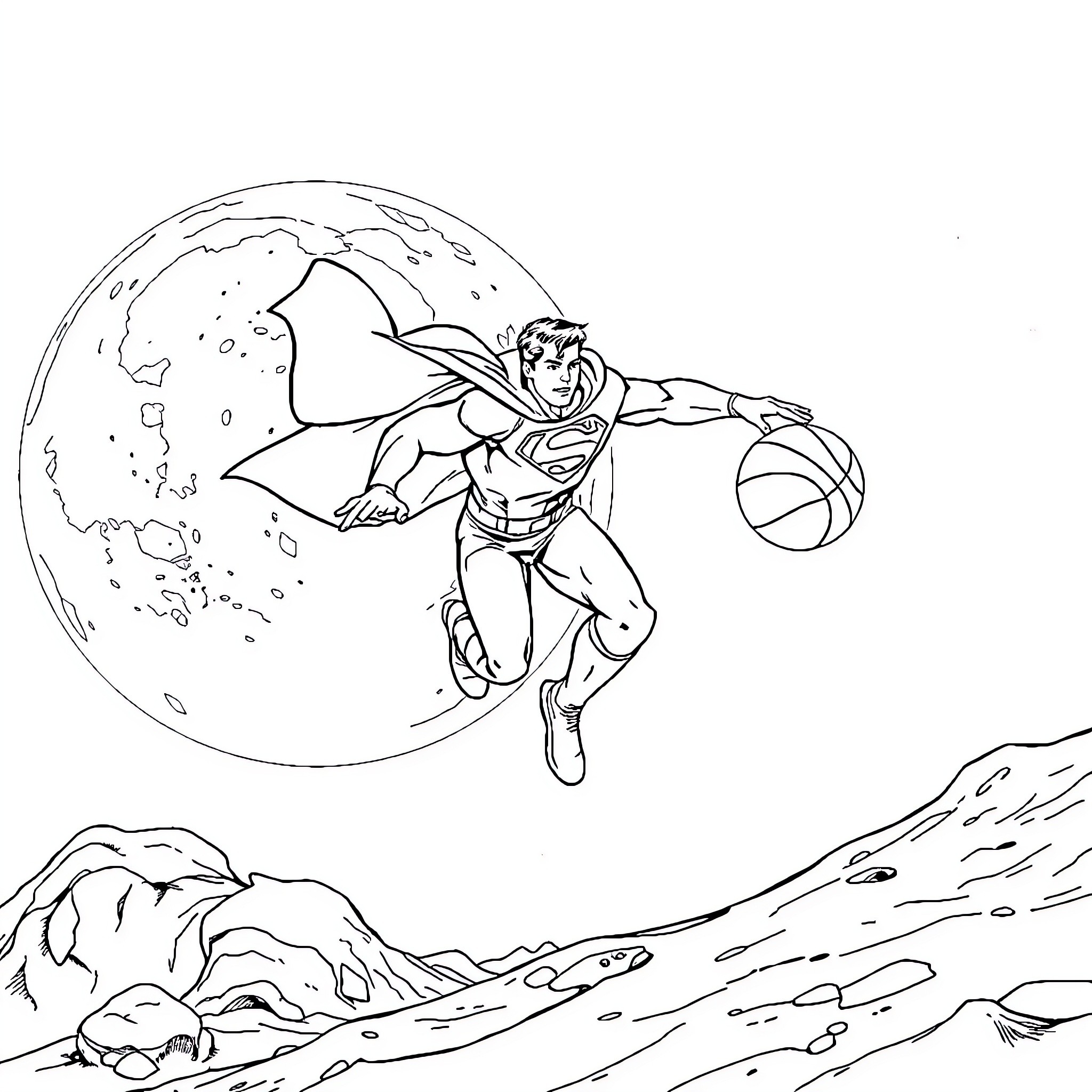 Superman soaring through the night sky Coloring Page (free black-and-white line drawing printable PDF for all, from beginners to advanced learners, including children, teens, adults, and seniors)