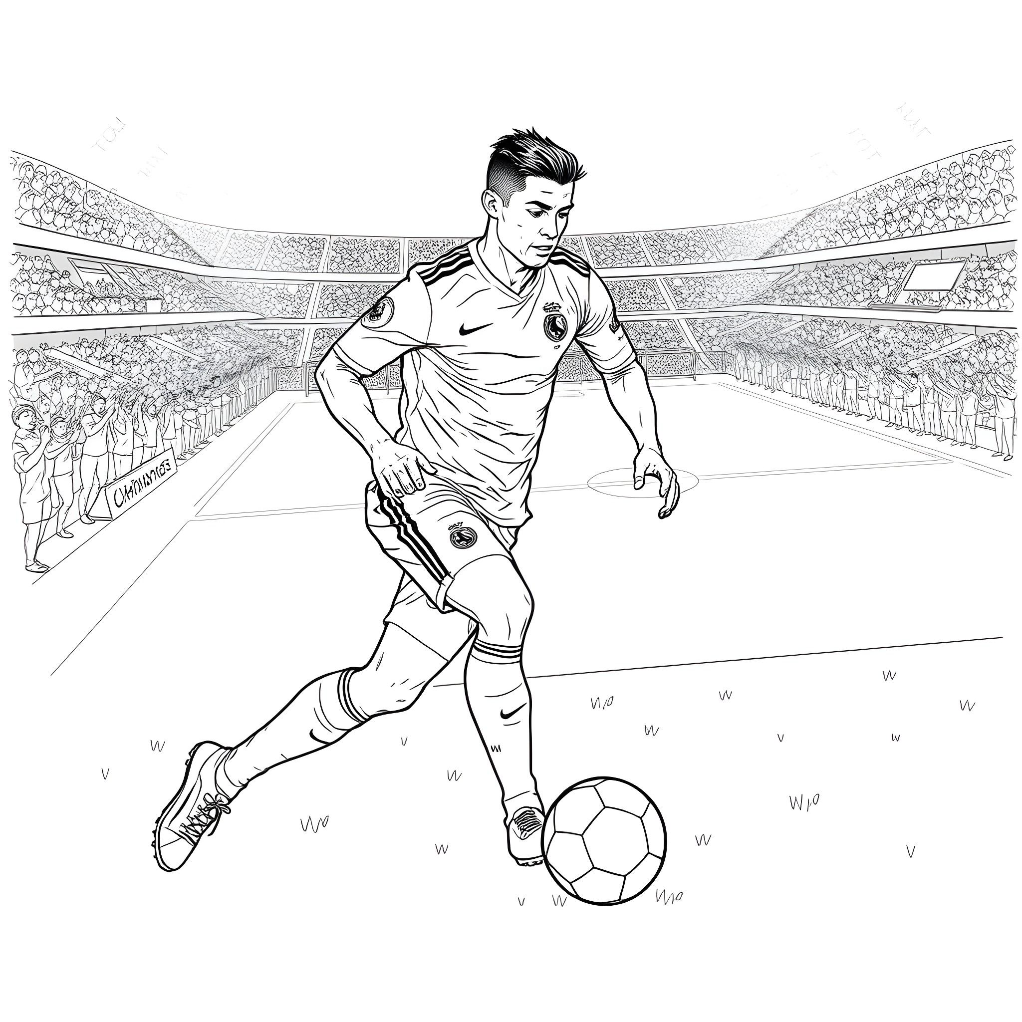 Cristiano Ronaldo playing football in the stadium Coloring Page (free black-and-white line drawing printable PDF for all, from beginners to advanced learners, including children, teens, adults, and seniors)